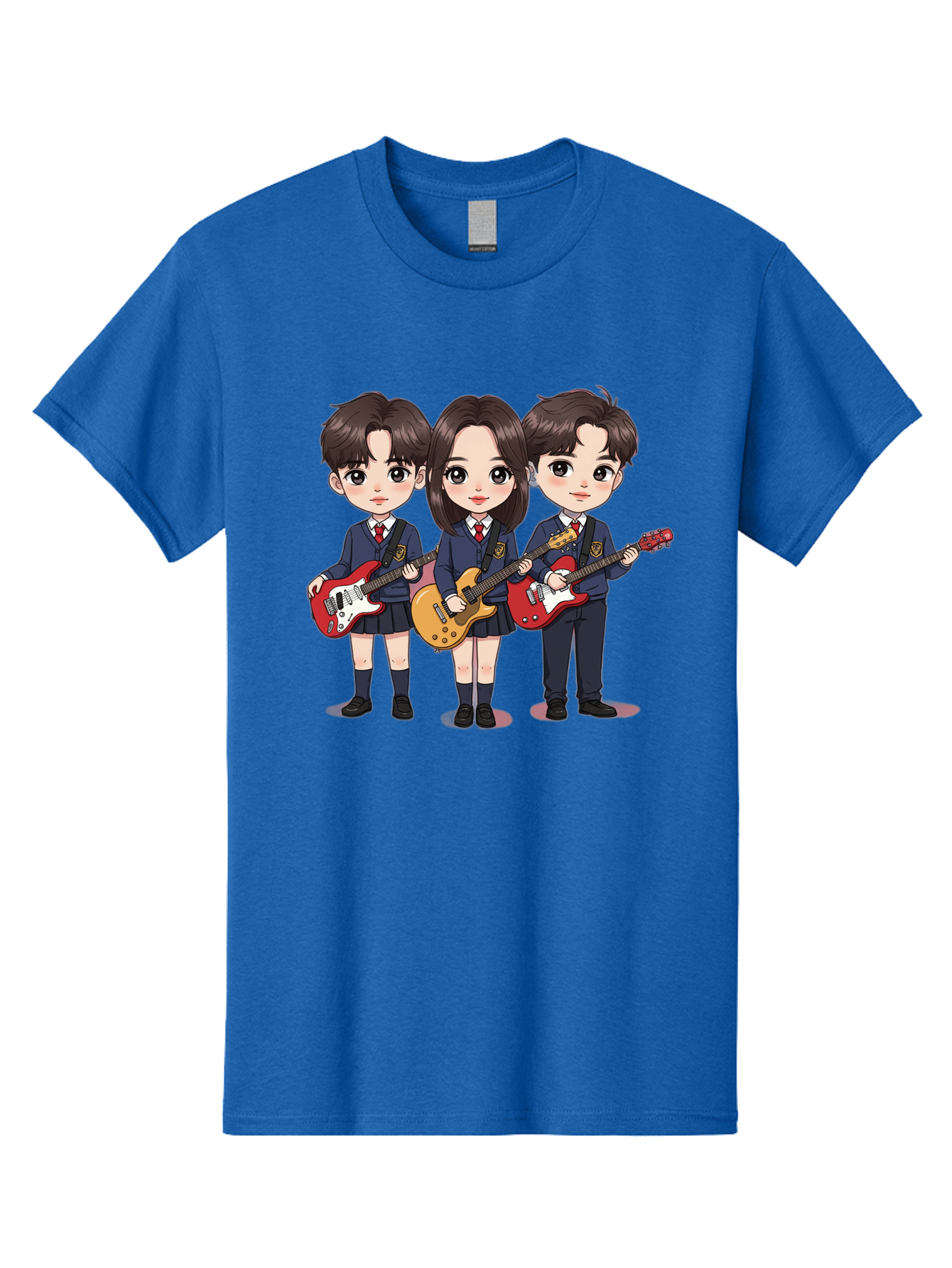 School-Kids-Band Men'S Graphic Tee, 100% Cotton, Comfortable Casual Summer Wear, Machine Washable, School Kids Playing Guitars, Cartoon Characters, School Uniforms, Music Enthusiasts, Youth Culture, Guitar Riffs, Playful Scene, Student Band Bac399