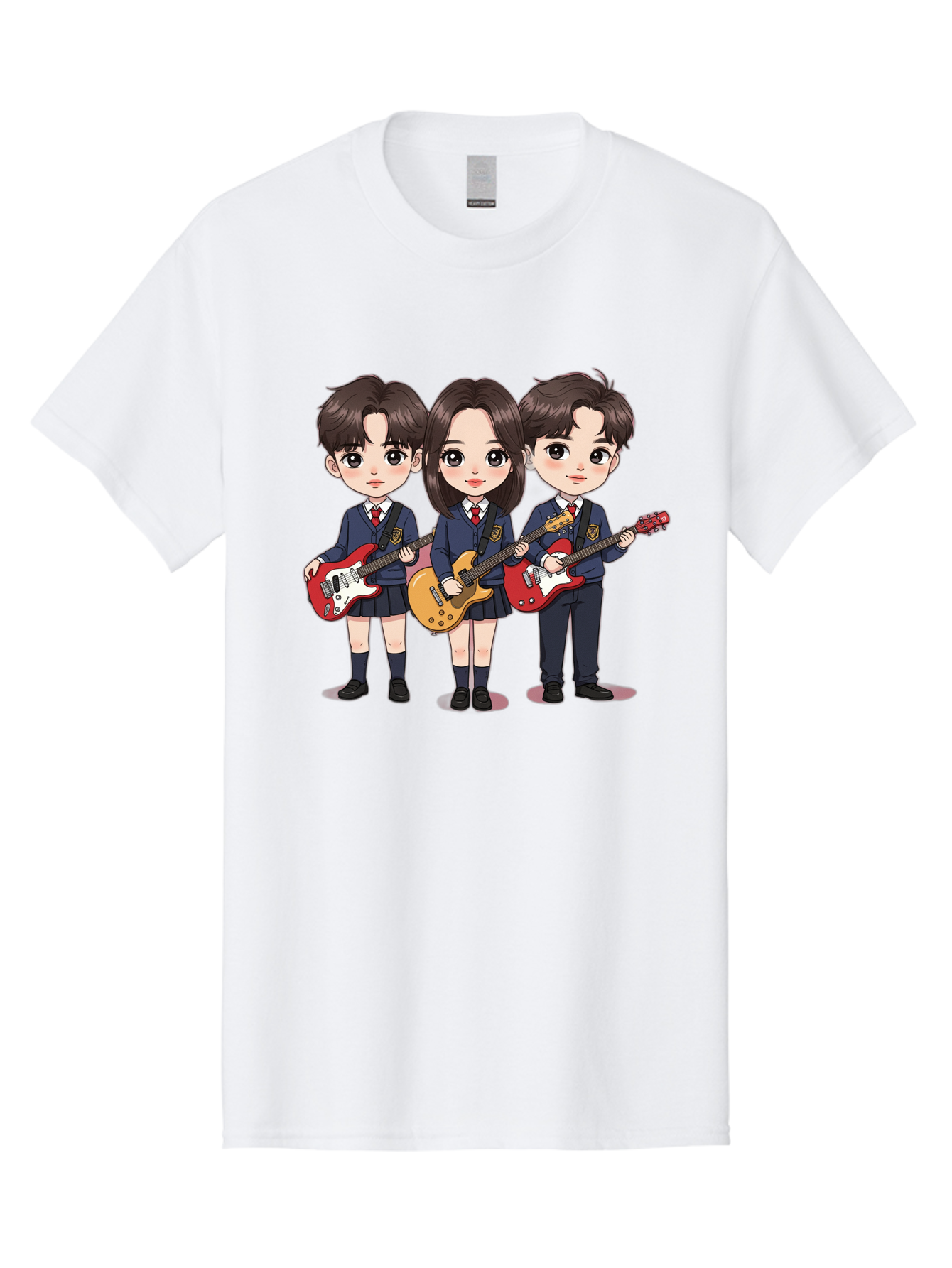 School-Kids-Band Men'S Graphic Tee, 100% Cotton, Comfortable Casual Summer Wear, Machine Washable, School Kids Playing Guitars, Cartoon Characters, School Uniforms, Music Enthusiasts, Youth Culture, Guitar Riffs, Playful Scene, Student Band Bac399