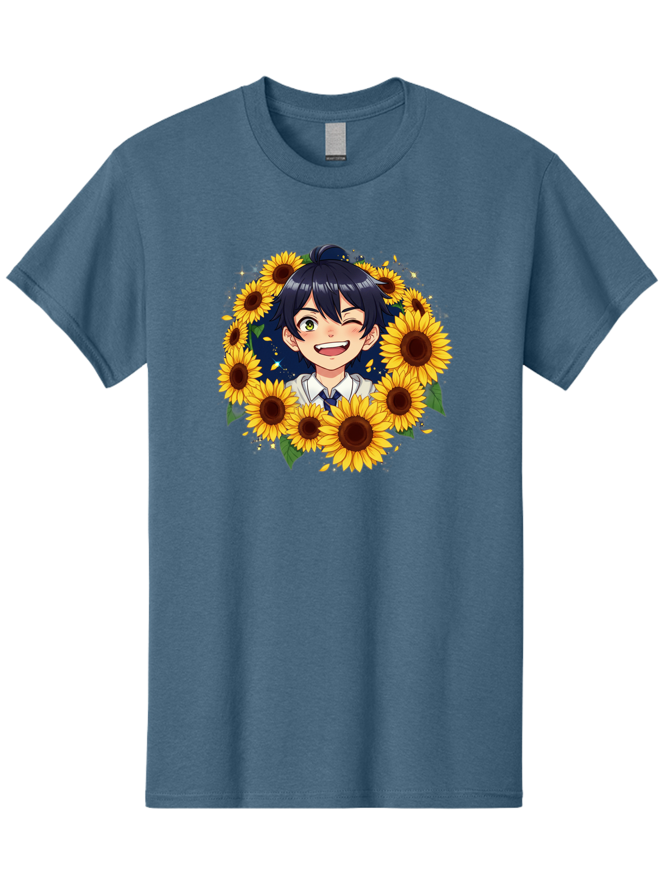 Schoolgirl-Sunflowers Men'S Graphic Tee, 100% Cotton, Comfortable Casual Summer Wear, Machine Washable, Anime Girl, Smiling Face, Sunny Disposition, Yellow Sunflowers, Black Hair, White Shirt, Blue Tie, Vibrant Flowers, Happy Expression, Bac400