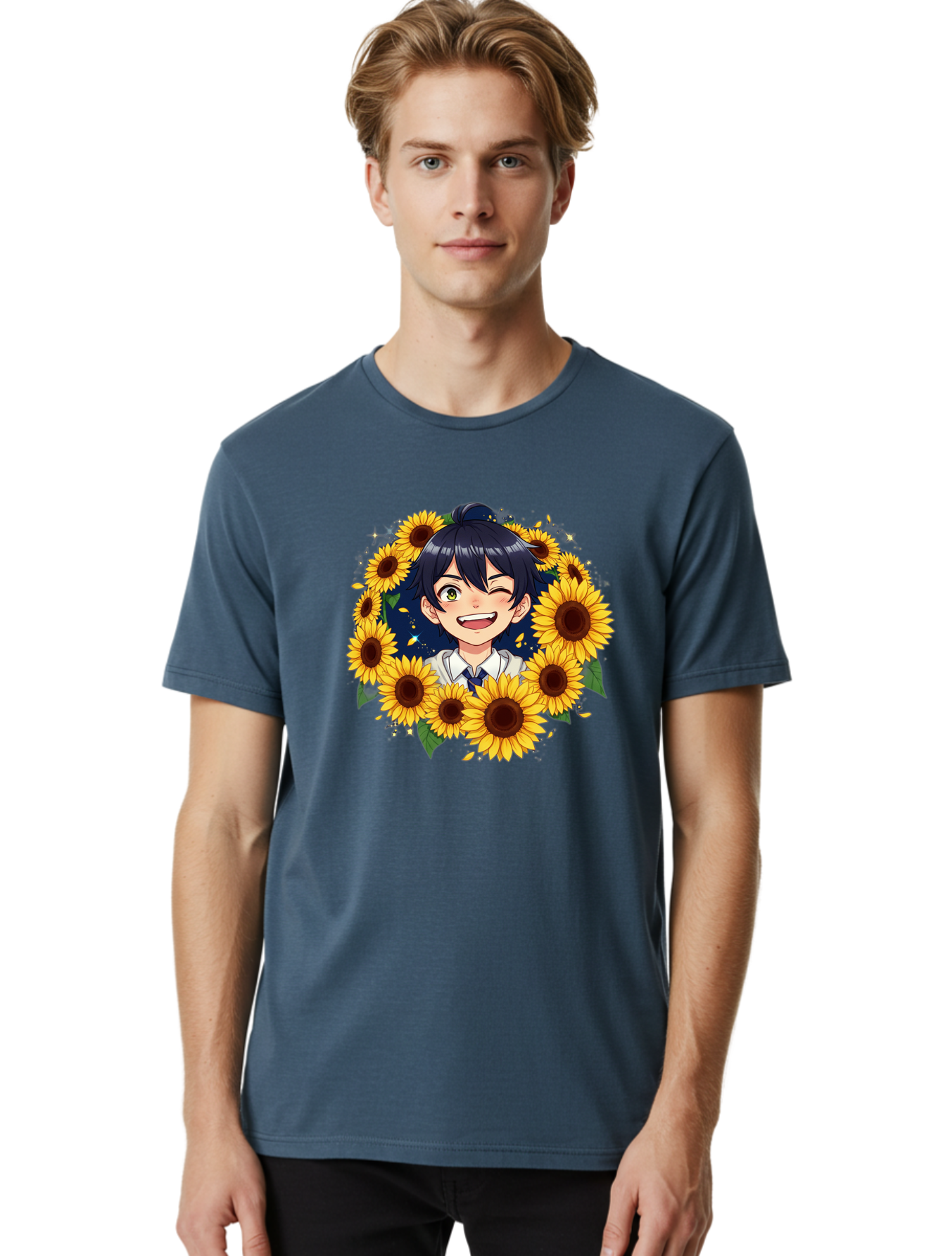 Schoolgirl-Sunflowers Men'S Graphic Tee, 100% Cotton, Comfortable Casual Summer Wear, Machine Washable, Anime Girl, Smiling Face, Sunny Disposition, Yellow Sunflowers, Black Hair, White Shirt, Blue Tie, Vibrant Flowers, Happy Expression, Bac400