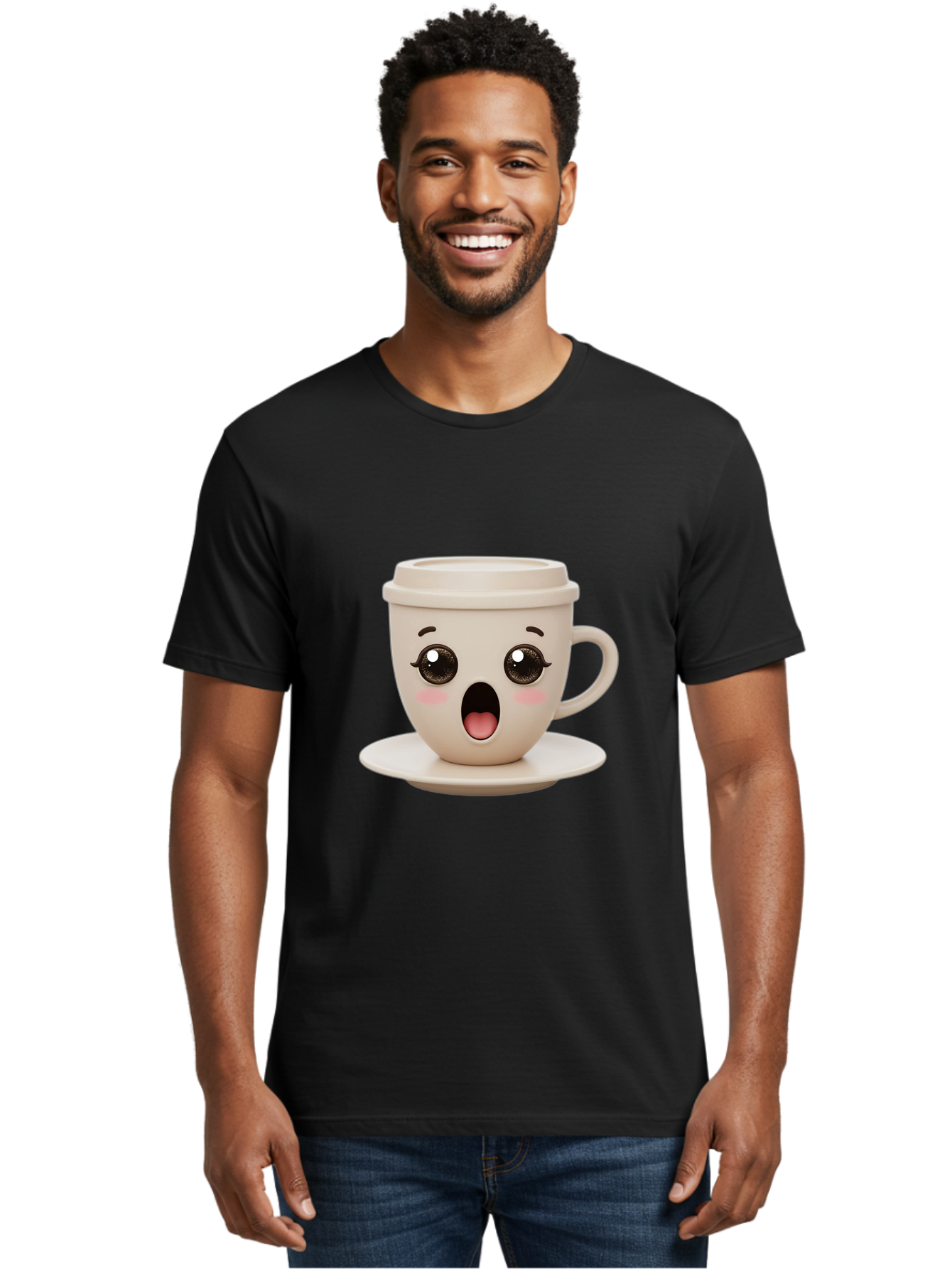 Shocked-Coffee-Cup Men'S Graphic Tee, 100% Cotton, Comfortable Casual Summer Wear, Machine Washable, Fun Coffee Cup, Surprised Expression, Coffee Break, Morning Pick-Me-Up, Kawaii Culture, Cute Face, Coffee Time, Coffee Lover Bac404
