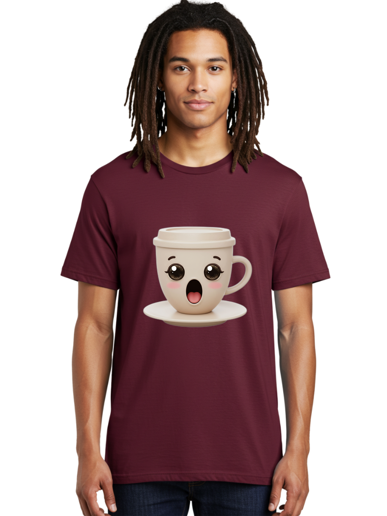 Shocked-Coffee-Cup Men'S Graphic Tee, 100% Cotton, Comfortable Casual Summer Wear, Machine Washable, Fun Coffee Cup, Surprised Expression, Coffee Break, Morning Pick-Me-Up, Kawaii Culture, Cute Face, Coffee Time, Coffee Lover Bac404
