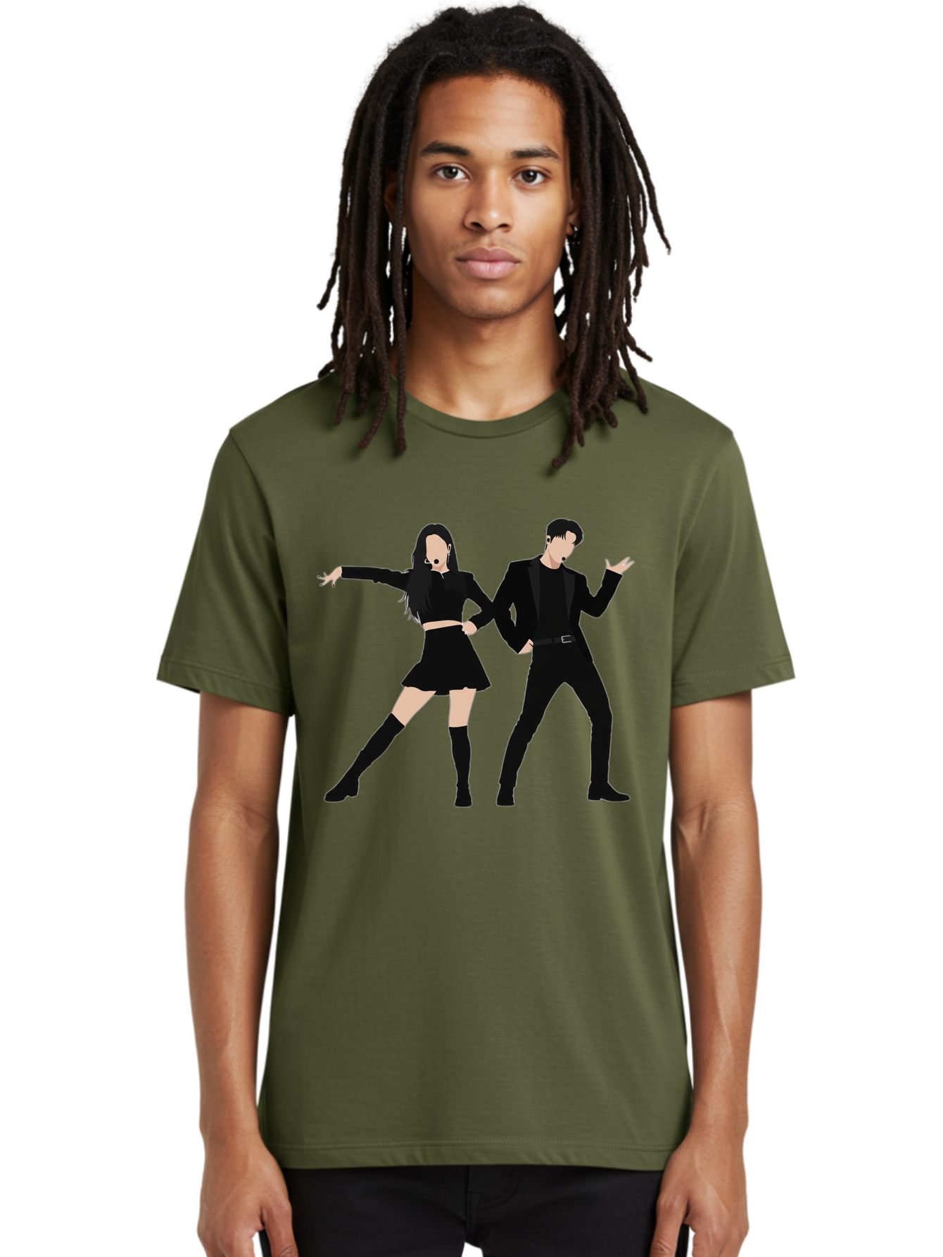 Singing-Duo Men'S Graphic Tee, 100% Cotton, Comfortable Casual Summer Wear, Machine Washable, Dancing Couple, Dynamic Pose, Black Outfit, Microphone Headsets, Lively Dance Moves, Stage Performance, Energetic Duo, Modern Dance Style, Bac405