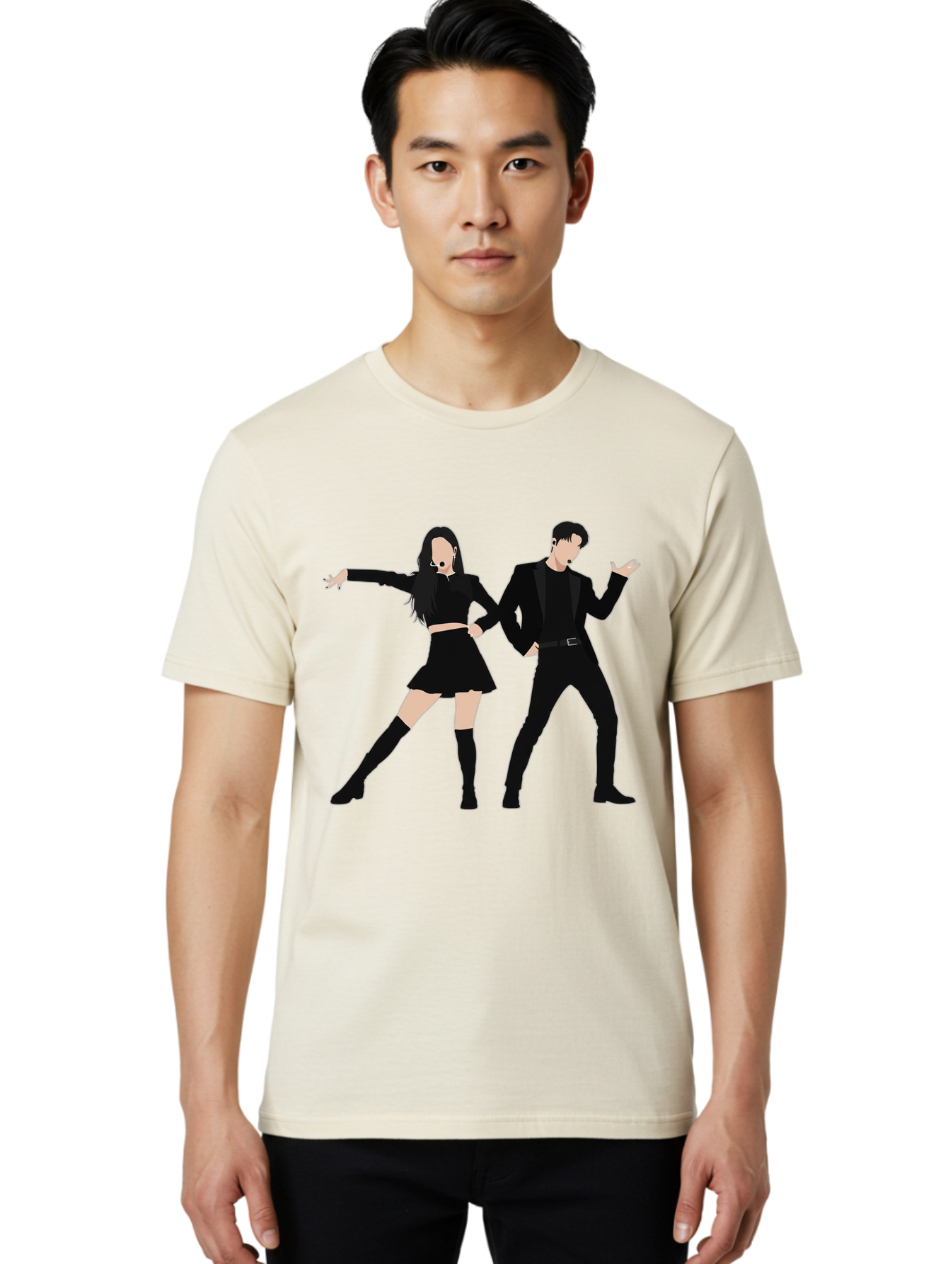 Singing-Duo Men'S Graphic Tee, 100% Cotton, Comfortable Casual Summer Wear, Machine Washable, Dancing Couple, Dynamic Pose, Black Outfit, Microphone Headsets, Lively Dance Moves, Stage Performance, Energetic Duo, Modern Dance Style, Bac405