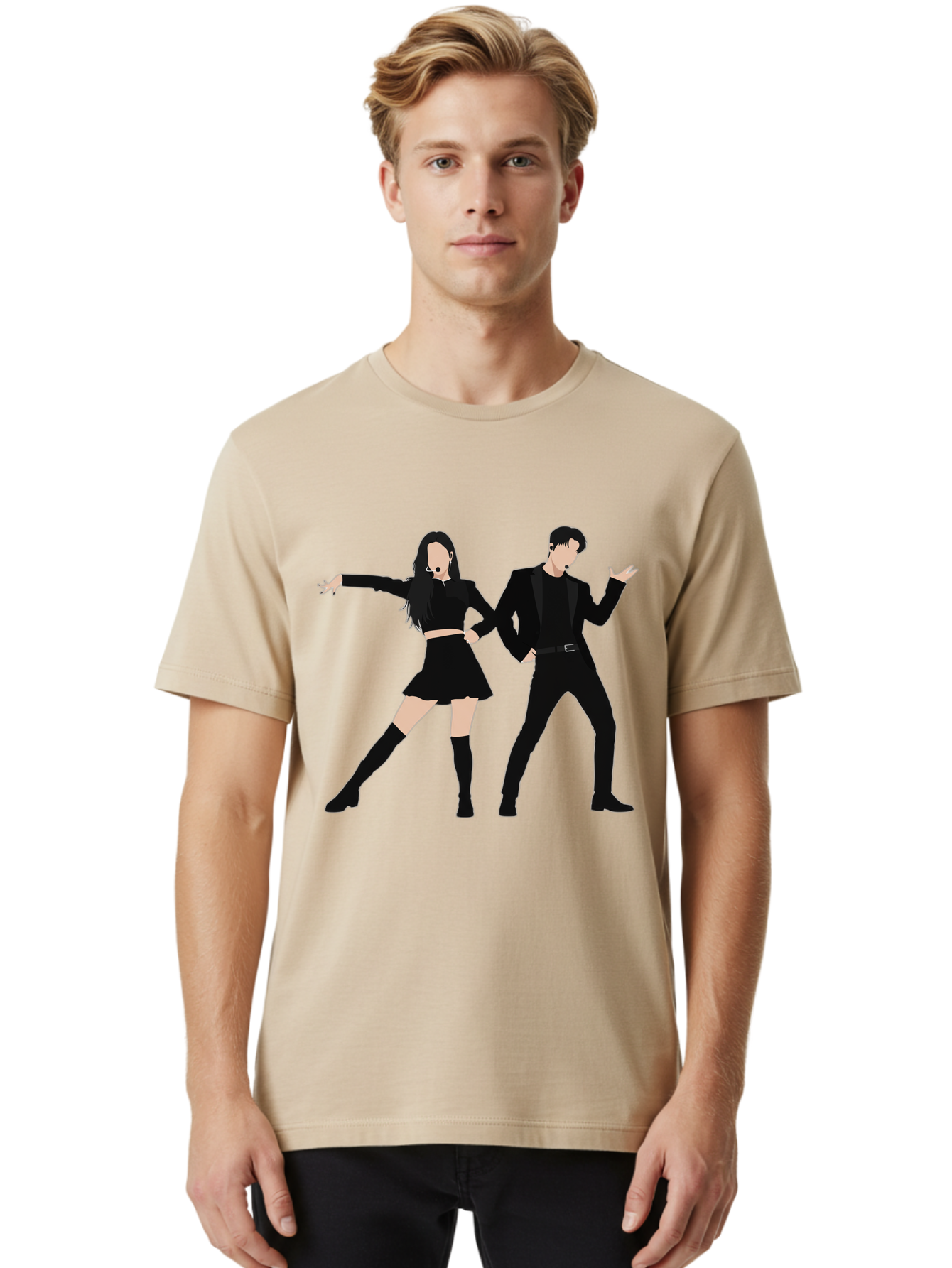 Singing-Duo Men'S Graphic Tee, 100% Cotton, Comfortable Casual Summer Wear, Machine Washable, Dancing Couple, Dynamic Pose, Black Outfit, Microphone Headsets, Lively Dance Moves, Stage Performance, Energetic Duo, Modern Dance Style, Bac405