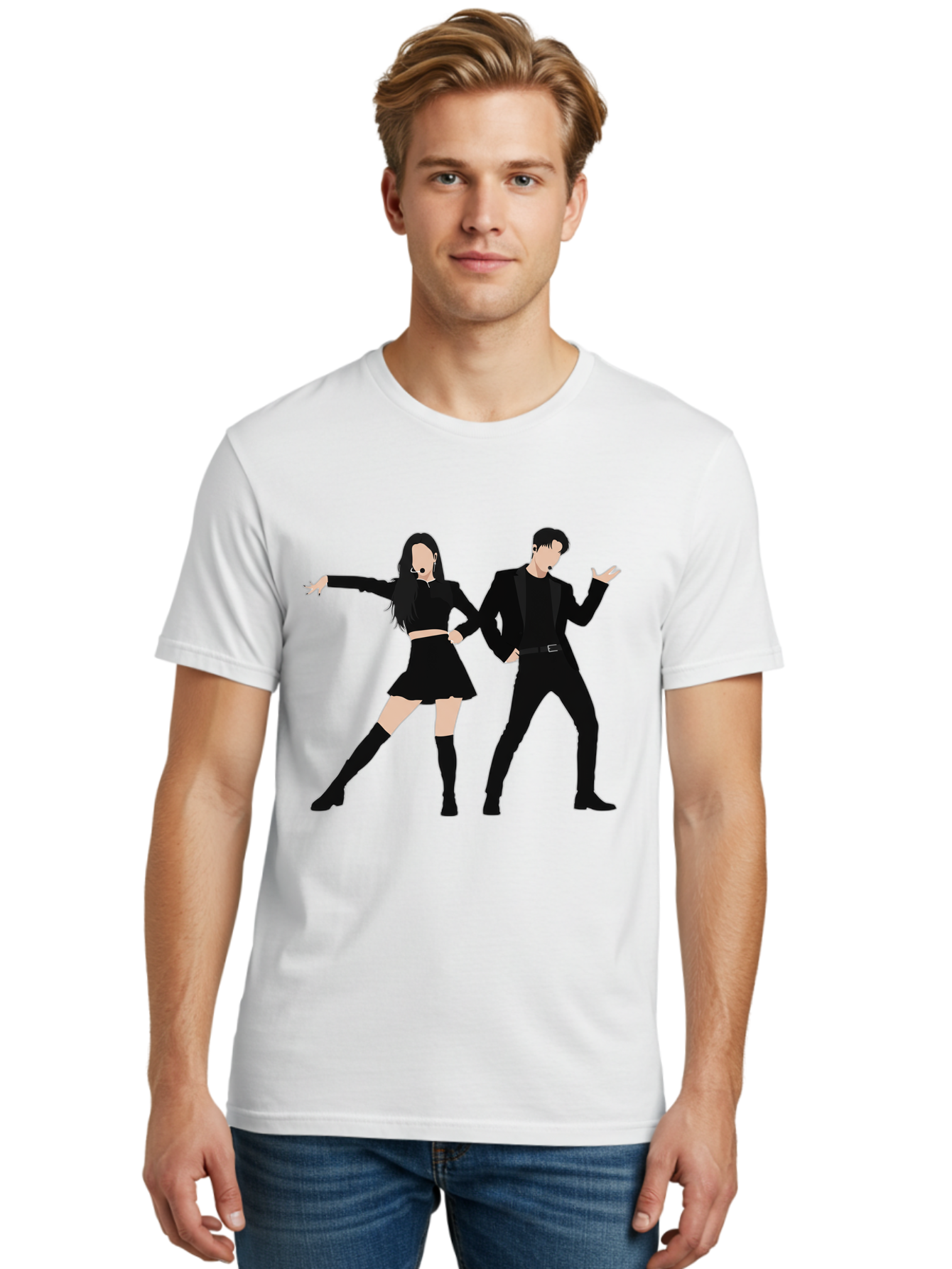 Singing-Duo Men'S Graphic Tee, 100% Cotton, Comfortable Casual Summer Wear, Machine Washable, Dancing Couple, Dynamic Pose, Black Outfit, Microphone Headsets, Lively Dance Moves, Stage Performance, Energetic Duo, Modern Dance Style, Bac405