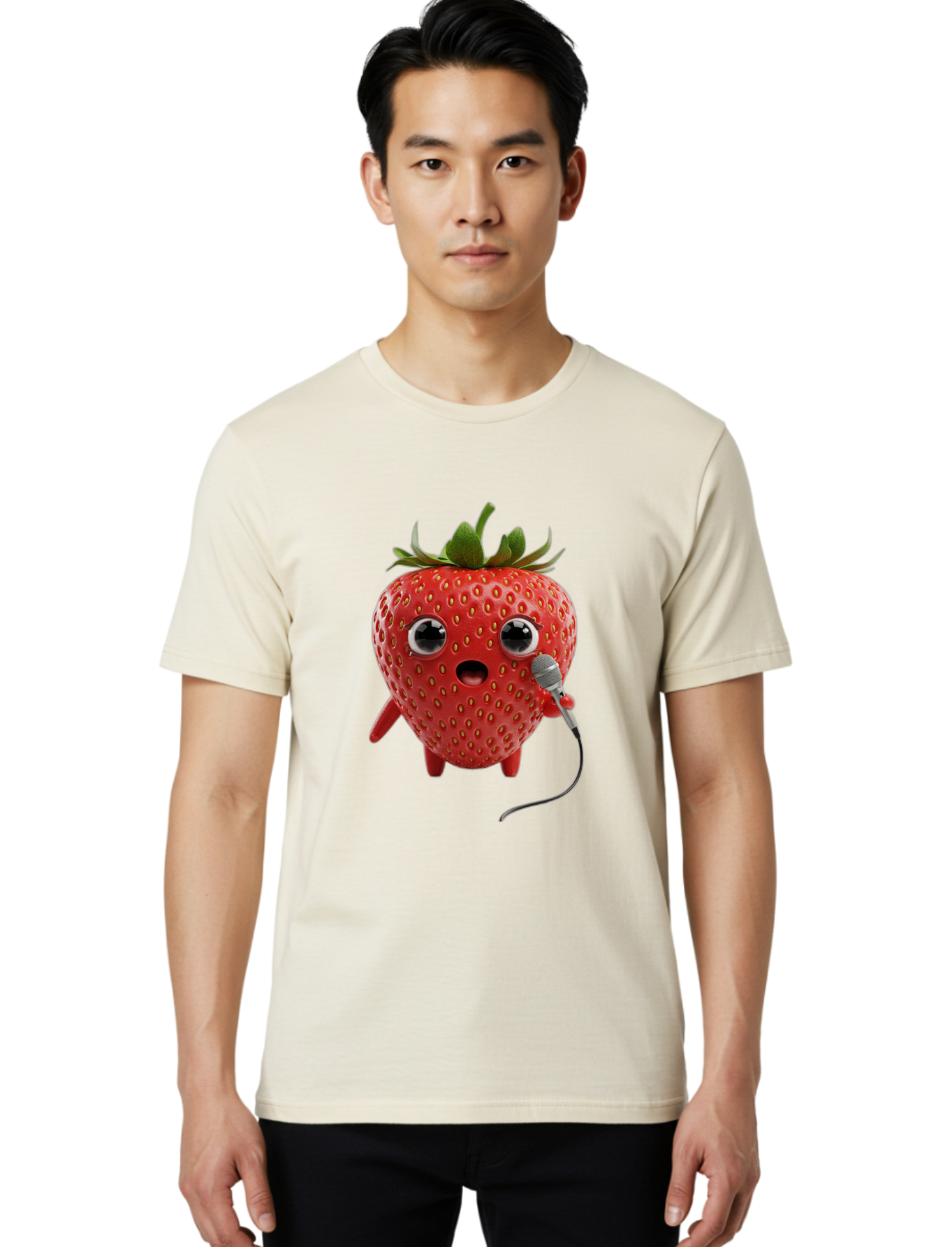 Singing-Strawberry Men'S Graphic Tee, 100% Cotton, Comfortable Casual Summer Wear, Machine Washable, Cartoon Strawberry, Anthropomorphic Fruit, Singing Strawberry, Microphone, Funny Character, Comedy, Humor, Entertaining, Animated Bac406