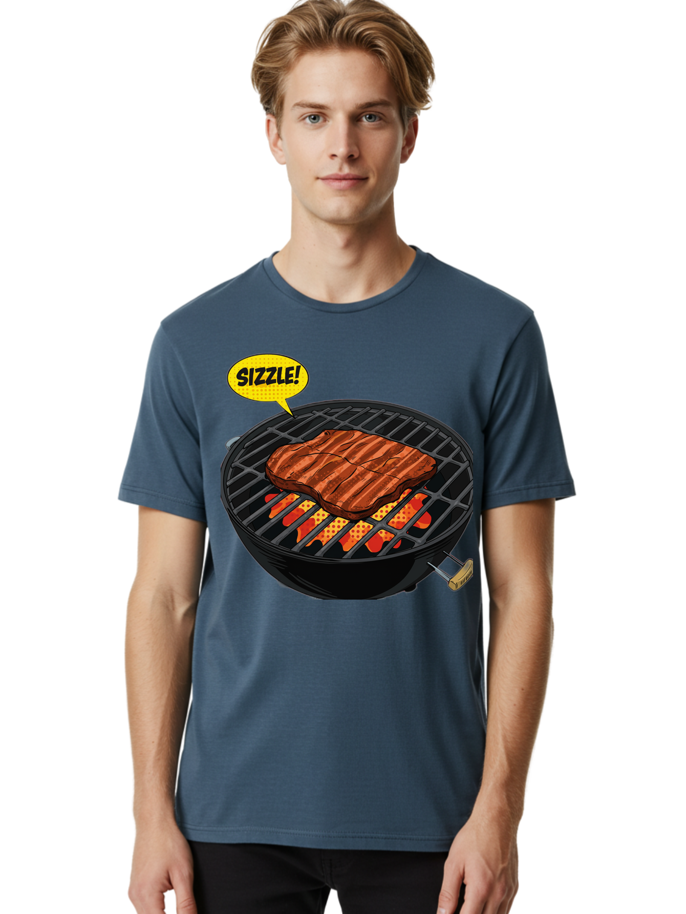 Sizzle Men'S Graphic Tee, 100% Cotton, Comfortable Casual Summer Wear, Machine Washable, Grilled Steak, Barbecue, Sizzling Meat, Grill Marks, Cooking On Grill, Bbq Flavors, Mouth-Watering Bac408