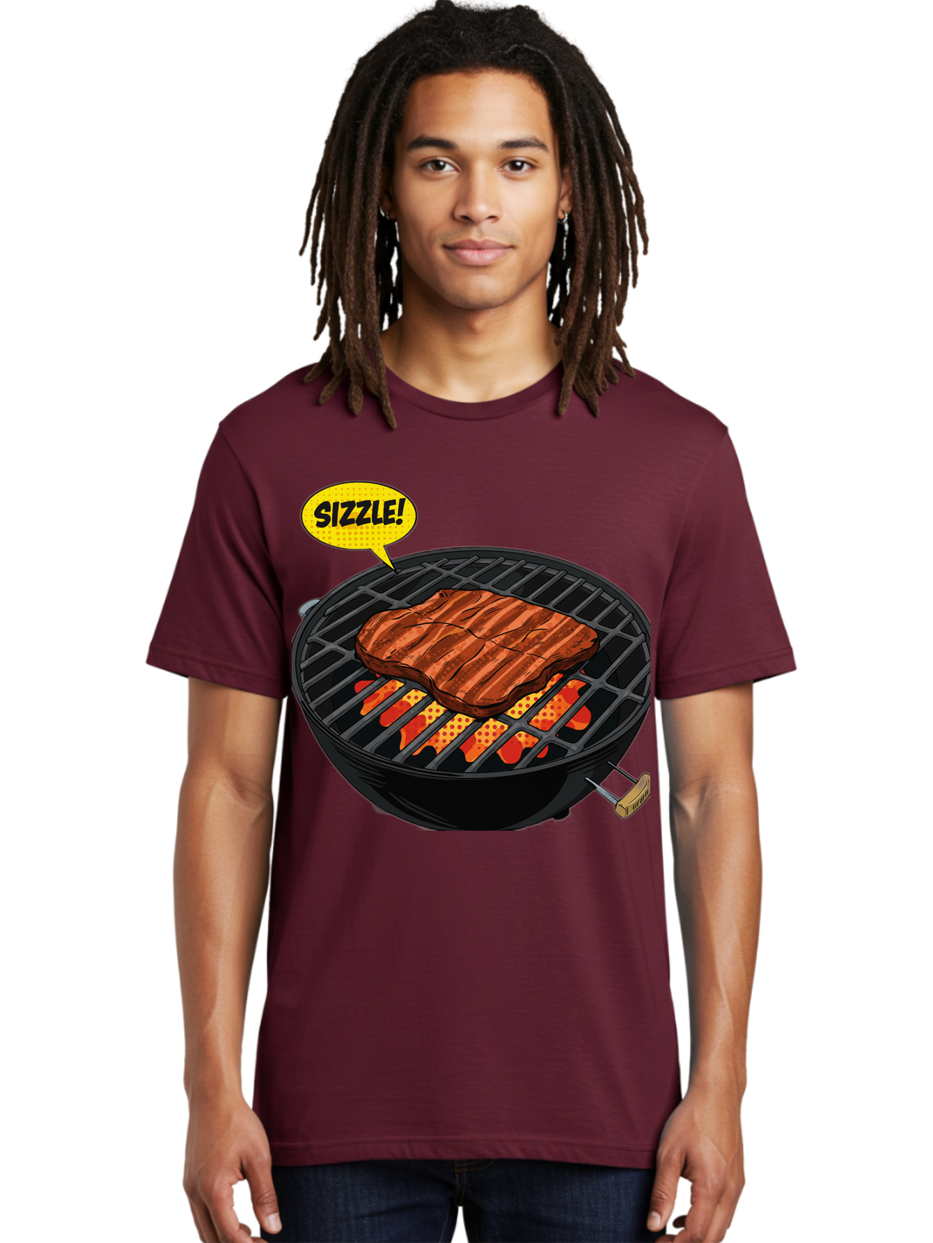 Sizzle Men'S Graphic Tee, 100% Cotton, Comfortable Casual Summer Wear, Machine Washable, Grilled Steak, Barbecue, Sizzling Meat, Grill Marks, Cooking On Grill, Bbq Flavors, Mouth-Watering Bac408