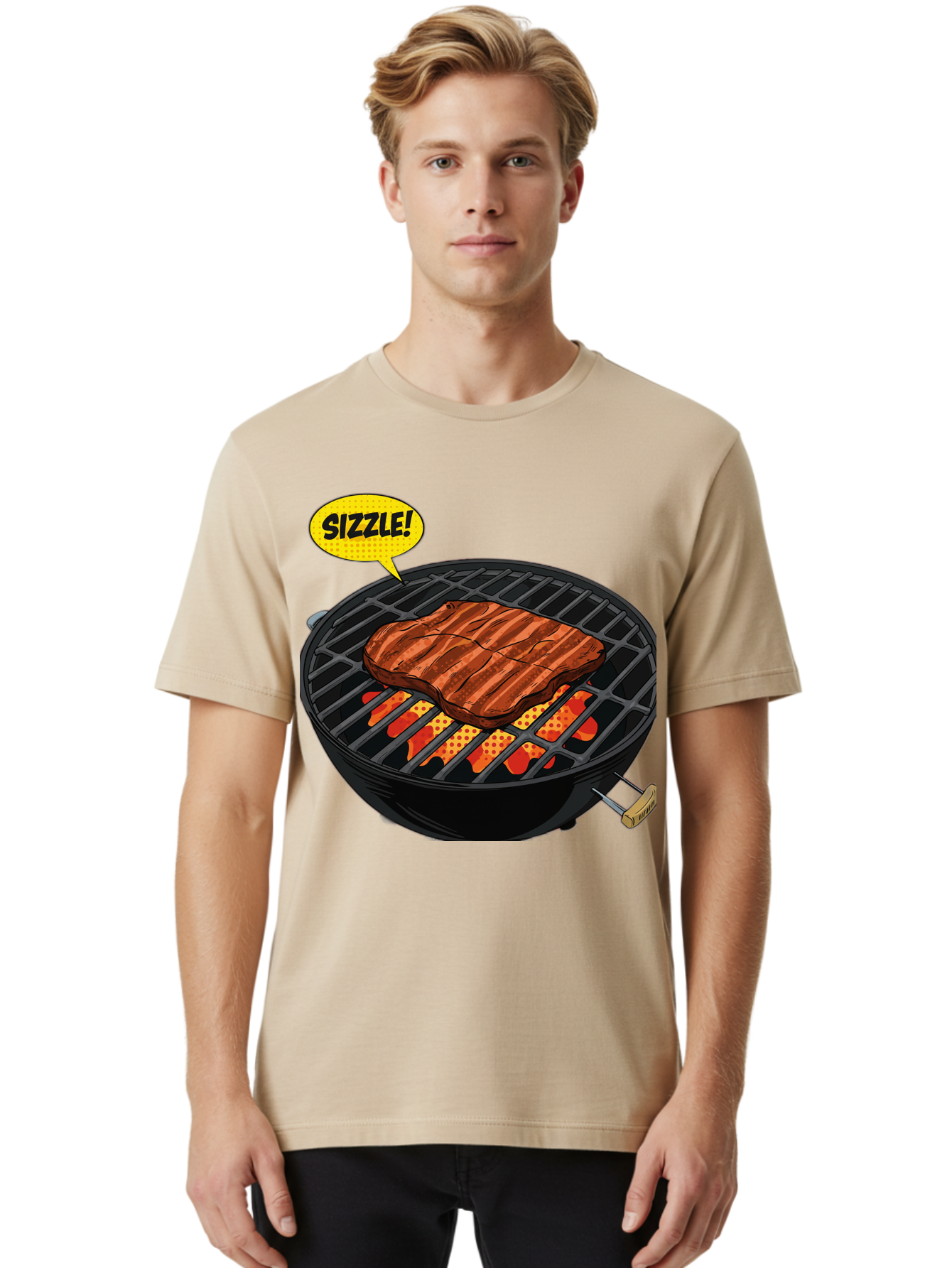 Sizzle Men'S Graphic Tee, 100% Cotton, Comfortable Casual Summer Wear, Machine Washable, Grilled Steak, Barbecue, Sizzling Meat, Grill Marks, Cooking On Grill, Bbq Flavors, Mouth-Watering Bac408