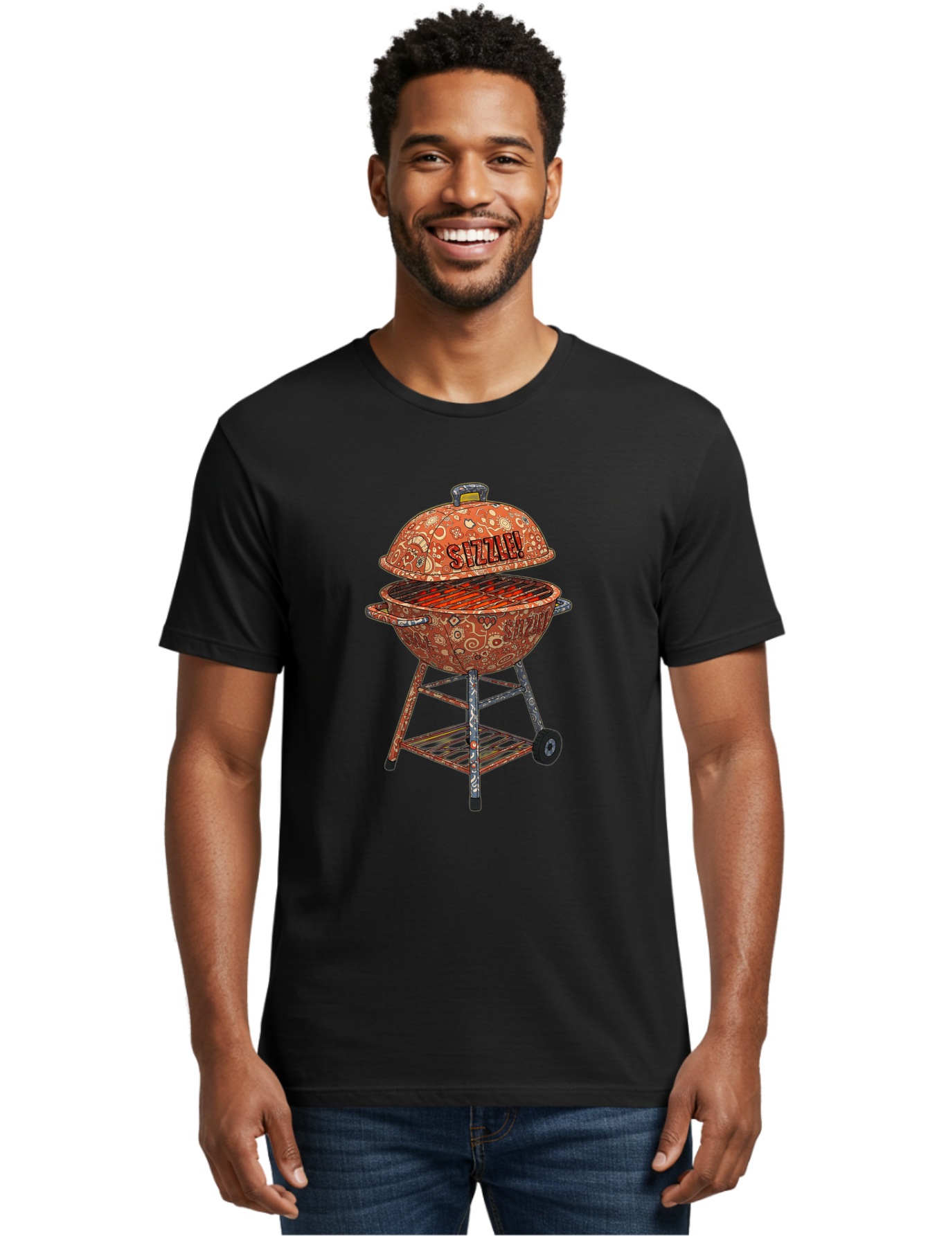 Sizzlin-Grill Men'S Graphic Tee, 100% Cotton, Comfortable Casual Summer Wear, Machine Washable, Bbq Grill, Sizzling Hot Coals, Outdoor Cooking, Grill Master, Backyard Barbecue, Summer Food, Delicious Meals, Grilling Season, Savory Flavors, Bac409