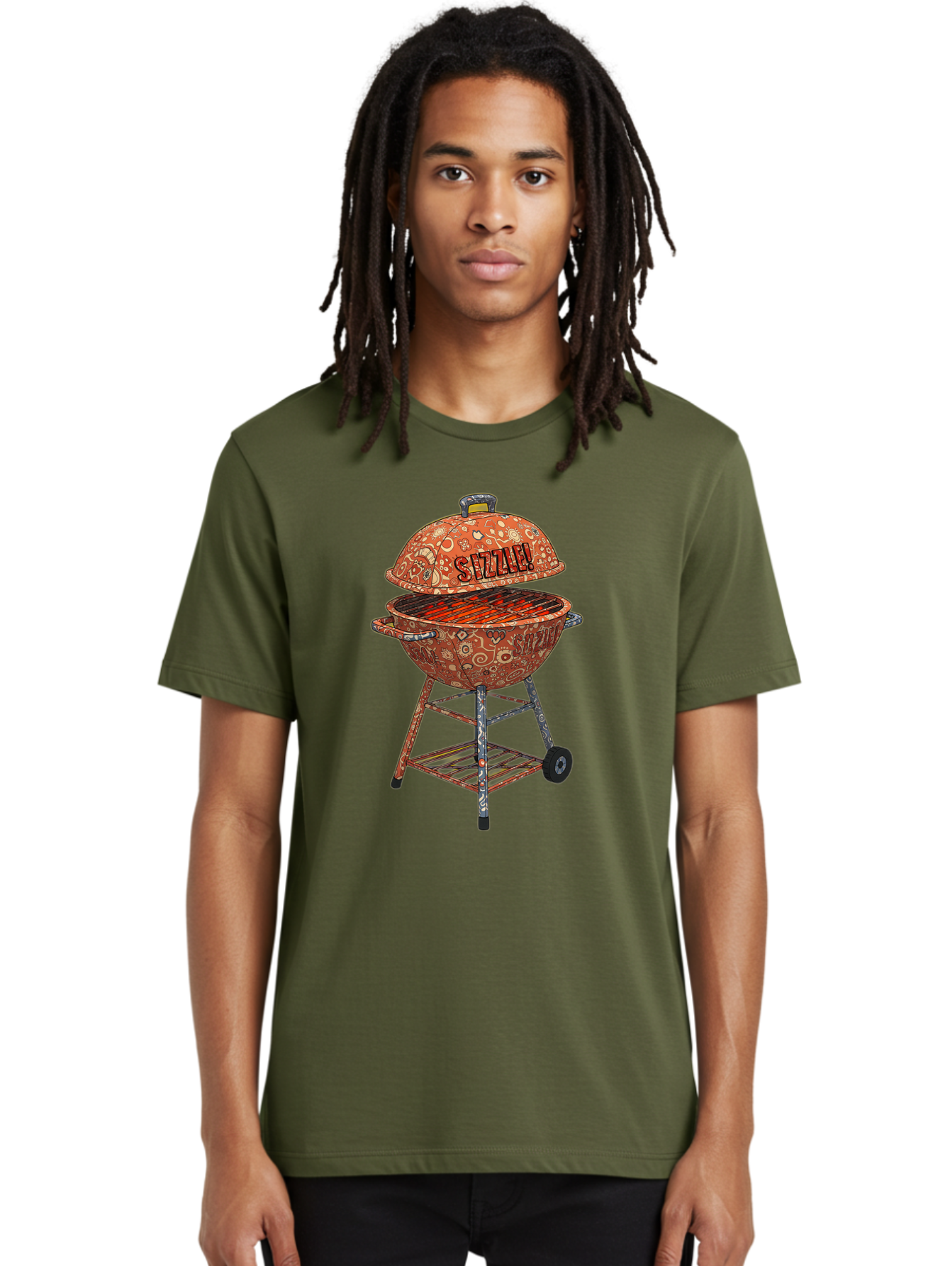 Sizzlin-Grill Men'S Graphic Tee, 100% Cotton, Comfortable Casual Summer Wear, Machine Washable, Bbq Grill, Sizzling Hot Coals, Outdoor Cooking, Grill Master, Backyard Barbecue, Summer Food, Delicious Meals, Grilling Season, Savory Flavors, Bac409