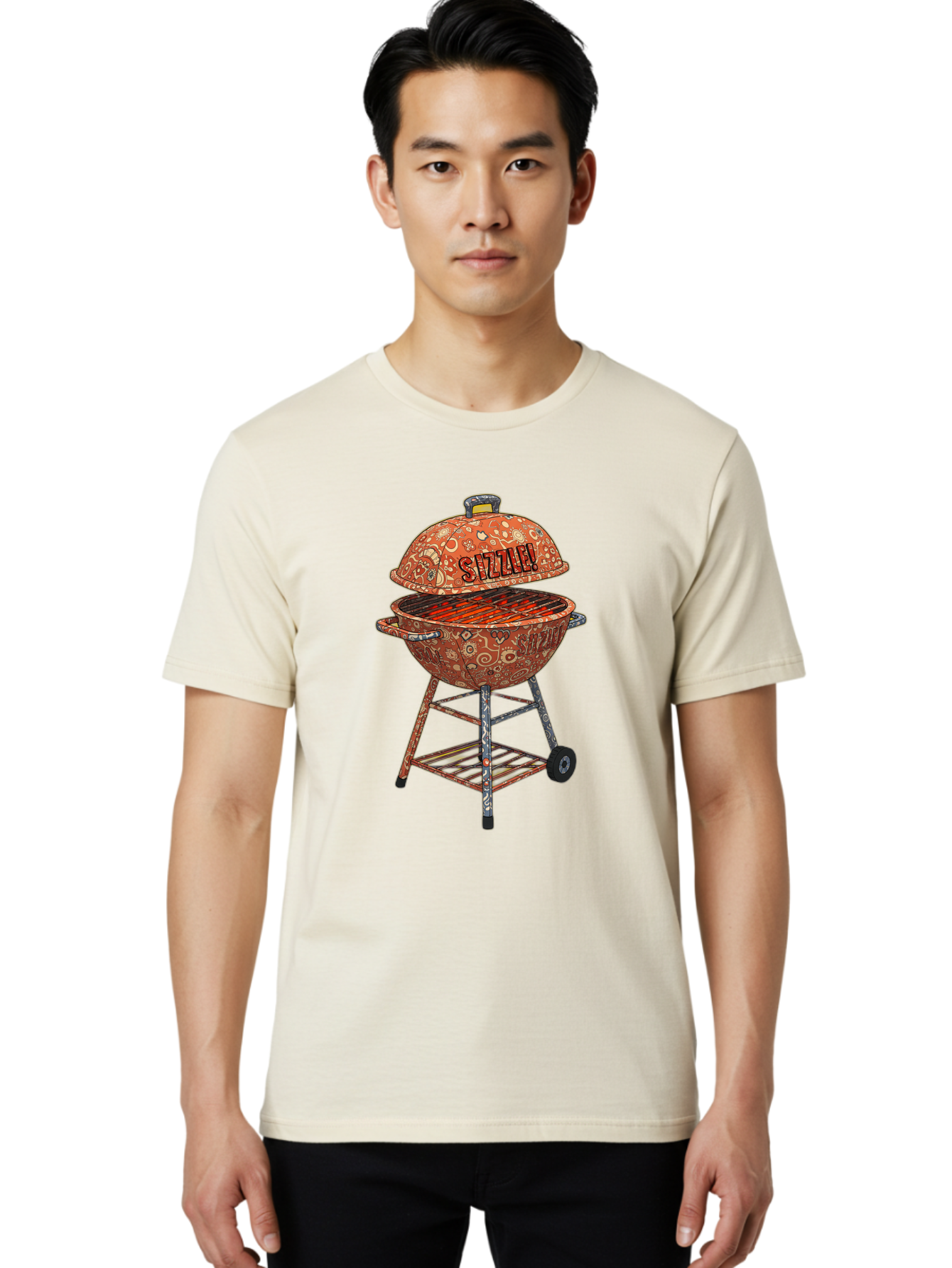 Sizzlin-Grill Men'S Graphic Tee, 100% Cotton, Comfortable Casual Summer Wear, Machine Washable, Bbq Grill, Sizzling Hot Coals, Outdoor Cooking, Grill Master, Backyard Barbecue, Summer Food, Delicious Meals, Grilling Season, Savory Flavors, Bac409