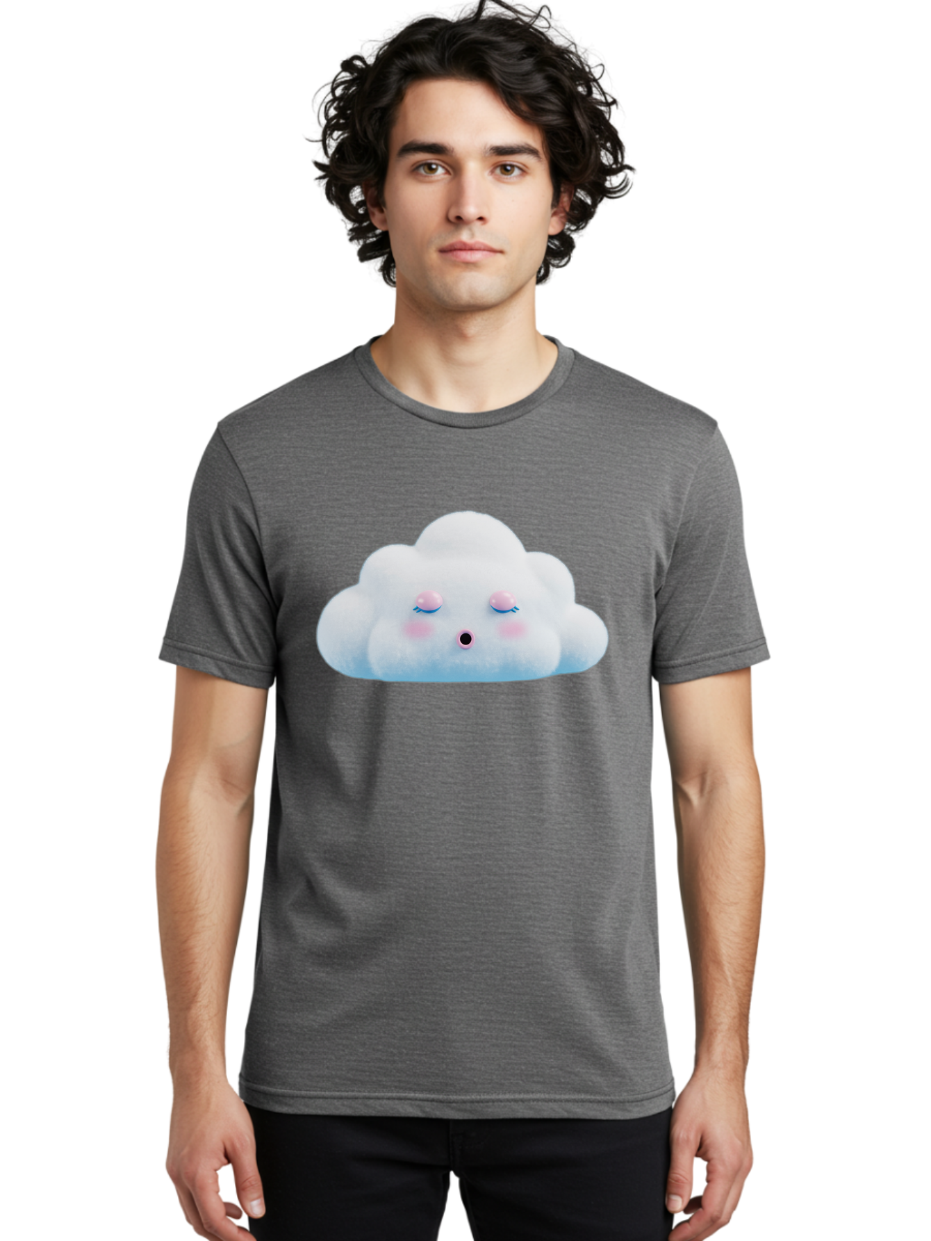 Sleeping-Cloud Men'S Graphic Tee, 100% Cotton, Comfortable Casual Summer Wear, Machine Washable, Cute Cloud, Fluffy White Cloud, Sleeping Face, Pastel Colors, Kawaii Design, Cloud Character, Soft Pink Cheeks, Closed Eyes, Serene Atmosphere, Bac410