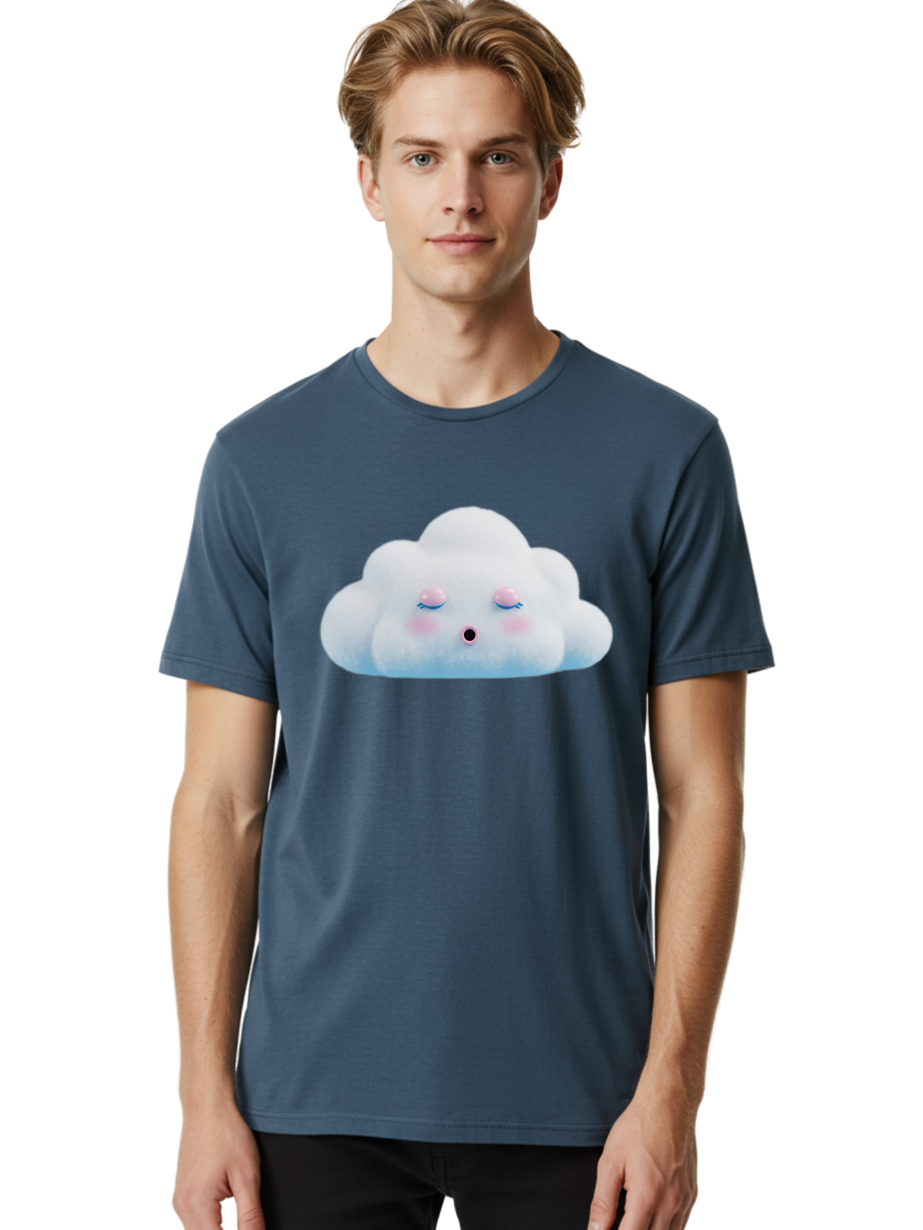 Sleeping-Cloud Men'S Graphic Tee, 100% Cotton, Comfortable Casual Summer Wear, Machine Washable, Cute Cloud, Fluffy White Cloud, Sleeping Face, Pastel Colors, Kawaii Design, Cloud Character, Soft Pink Cheeks, Closed Eyes, Serene Atmosphere, Bac410