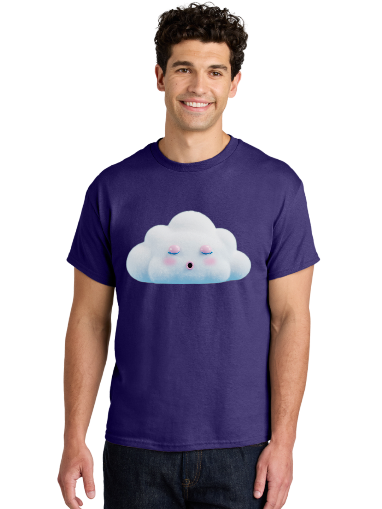 Sleeping-Cloud Men'S Graphic Tee, 100% Cotton, Comfortable Casual Summer Wear, Machine Washable, Cute Cloud, Fluffy White Cloud, Sleeping Face, Pastel Colors, Kawaii Design, Cloud Character, Soft Pink Cheeks, Closed Eyes, Serene Atmosphere, Bac410