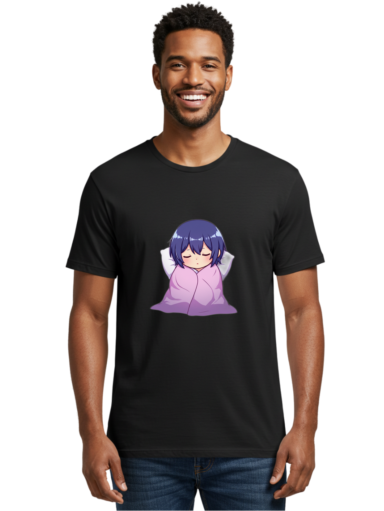 Sleeping-Girl Men'S Graphic Tee, 100% Cotton, Comfortable Casual Summer Wear, Machine Washable, Anime Girl Sleeping, Peaceful, Purple Hair, Wrapped In Blanket, Restful Sleep, Cozy Atmosphere, Kawaii Art, Cartoon Character Bac411