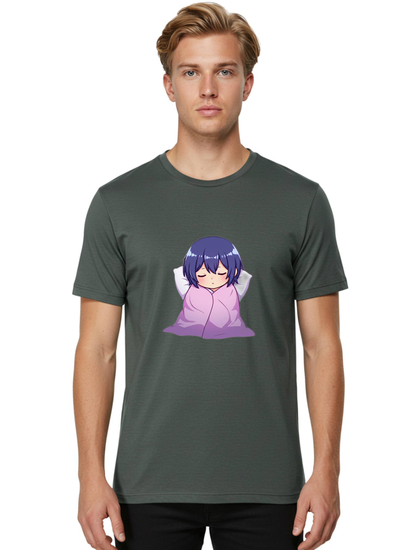 Sleeping-Girl Men'S Graphic Tee, 100% Cotton, Comfortable Casual Summer Wear, Machine Washable, Anime Girl Sleeping, Peaceful, Purple Hair, Wrapped In Blanket, Restful Sleep, Cozy Atmosphere, Kawaii Art, Cartoon Character Bac411