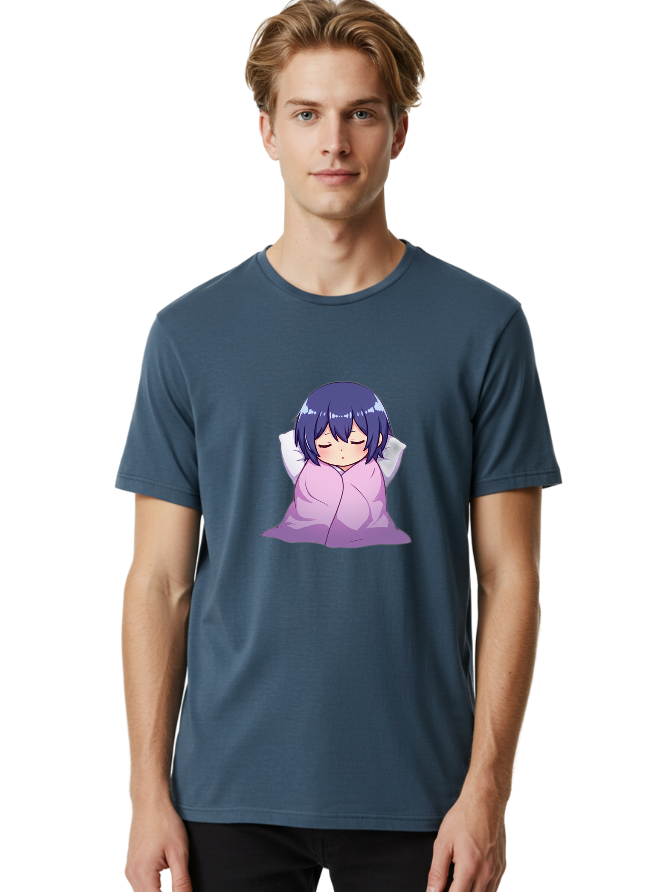 Sleeping-Girl Men'S Graphic Tee, 100% Cotton, Comfortable Casual Summer Wear, Machine Washable, Anime Girl Sleeping, Peaceful, Purple Hair, Wrapped In Blanket, Restful Sleep, Cozy Atmosphere, Kawaii Art, Cartoon Character Bac411