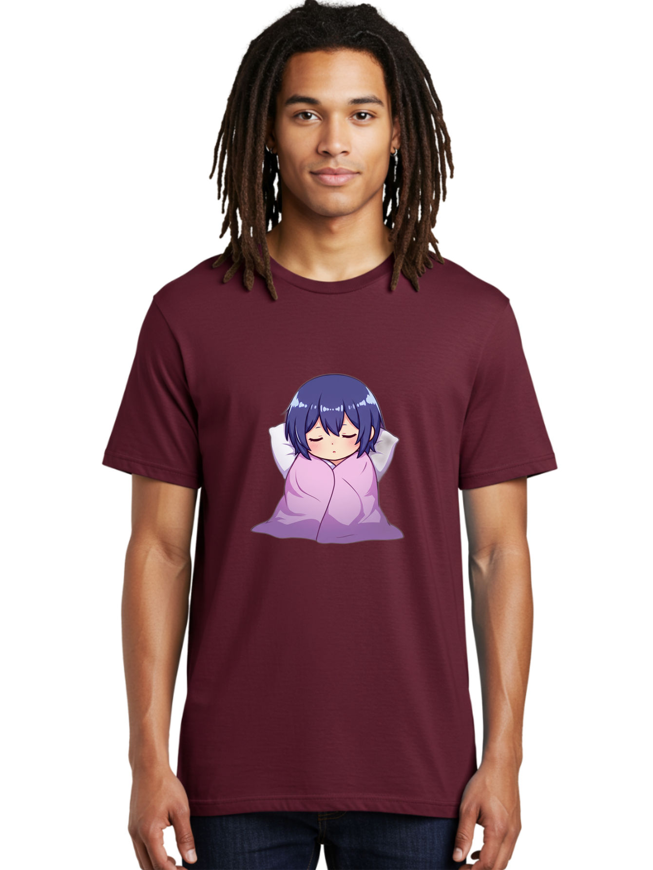 Sleeping-Girl Men'S Graphic Tee, 100% Cotton, Comfortable Casual Summer Wear, Machine Washable, Anime Girl Sleeping, Peaceful, Purple Hair, Wrapped In Blanket, Restful Sleep, Cozy Atmosphere, Kawaii Art, Cartoon Character Bac411