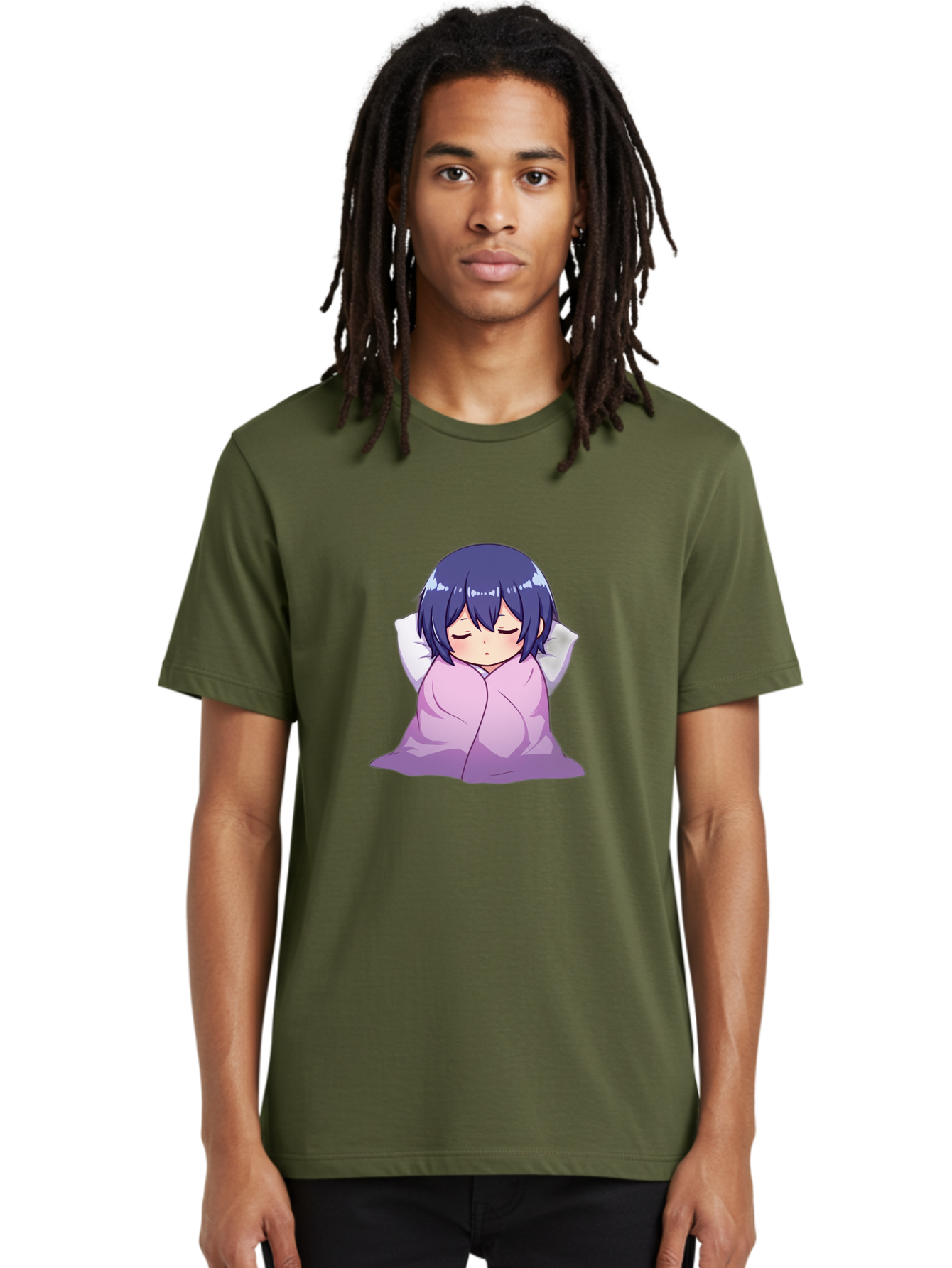 Sleeping-Girl Men'S Graphic Tee, 100% Cotton, Comfortable Casual Summer Wear, Machine Washable, Anime Girl Sleeping, Peaceful, Purple Hair, Wrapped In Blanket, Restful Sleep, Cozy Atmosphere, Kawaii Art, Cartoon Character Bac411