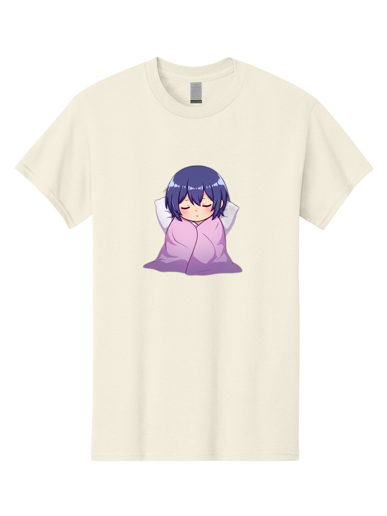 Sleeping-Girl Men'S Graphic Tee, 100% Cotton, Comfortable Casual Summer Wear, Machine Washable, Anime Girl Sleeping, Peaceful, Purple Hair, Wrapped In Blanket, Restful Sleep, Cozy Atmosphere, Kawaii Art, Cartoon Character Bac411