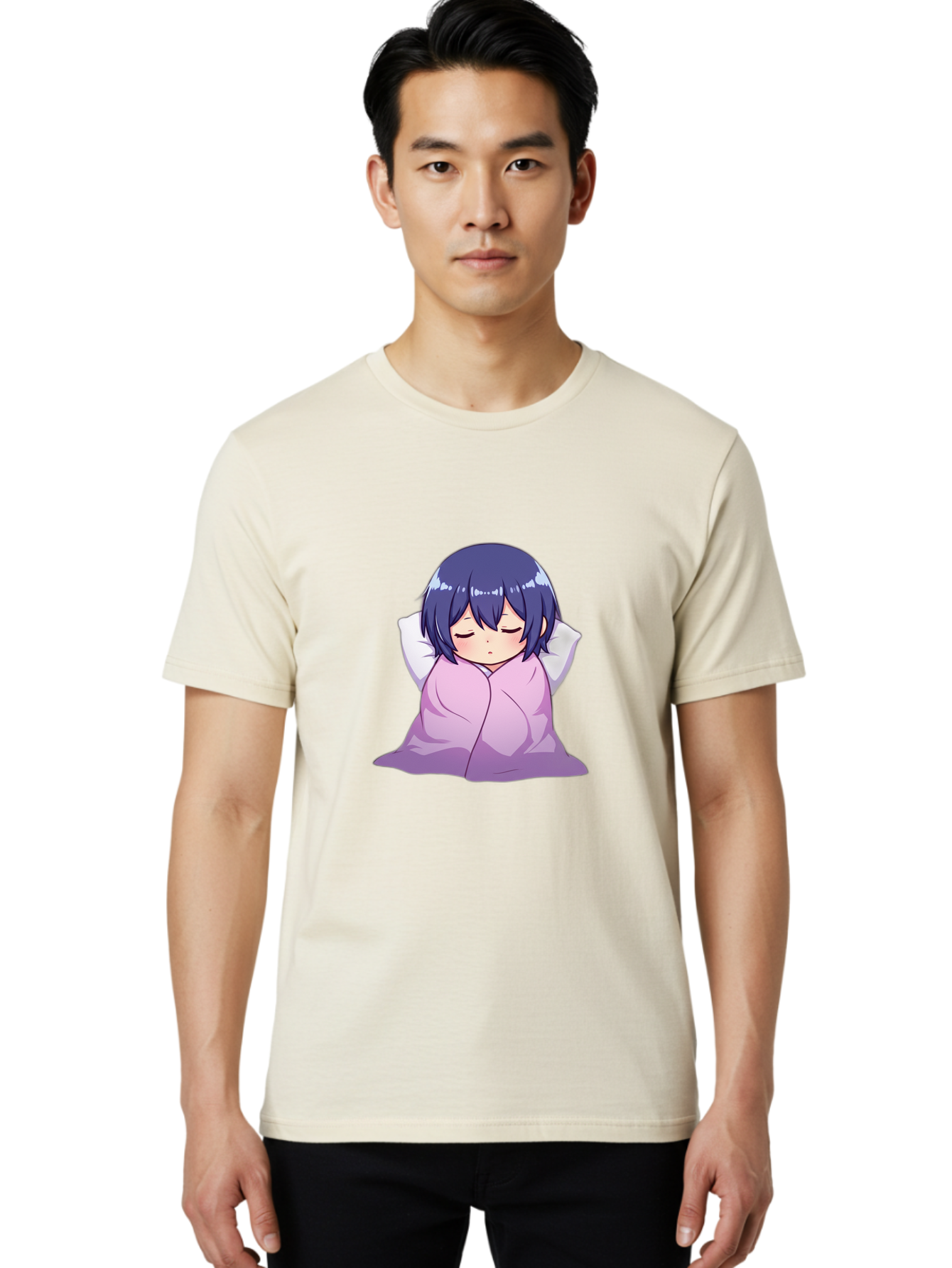 Sleeping-Girl Men'S Graphic Tee, 100% Cotton, Comfortable Casual Summer Wear, Machine Washable, Anime Girl Sleeping, Peaceful, Purple Hair, Wrapped In Blanket, Restful Sleep, Cozy Atmosphere, Kawaii Art, Cartoon Character Bac411