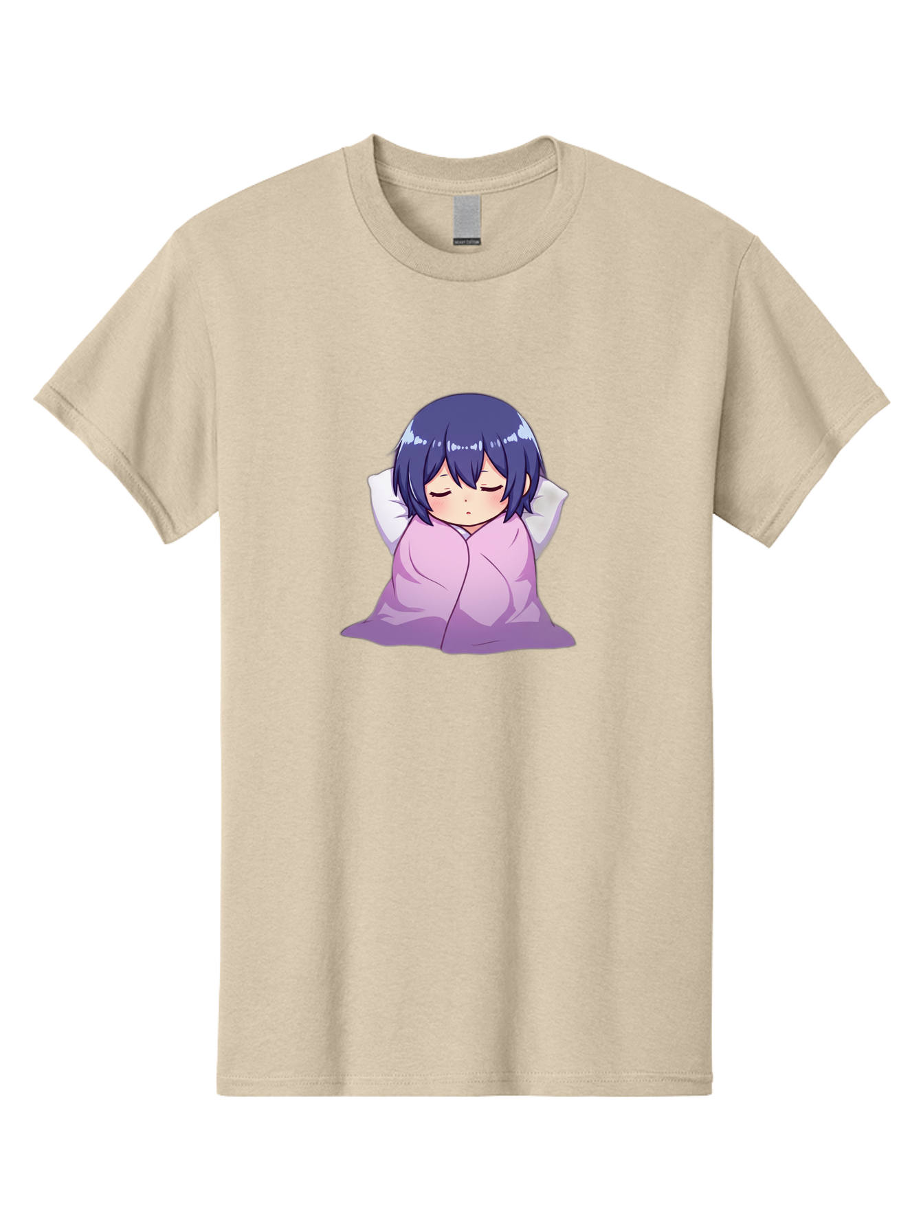 Sleeping-Girl Men'S Graphic Tee, 100% Cotton, Comfortable Casual Summer Wear, Machine Washable, Anime Girl Sleeping, Peaceful, Purple Hair, Wrapped In Blanket, Restful Sleep, Cozy Atmosphere, Kawaii Art, Cartoon Character Bac411