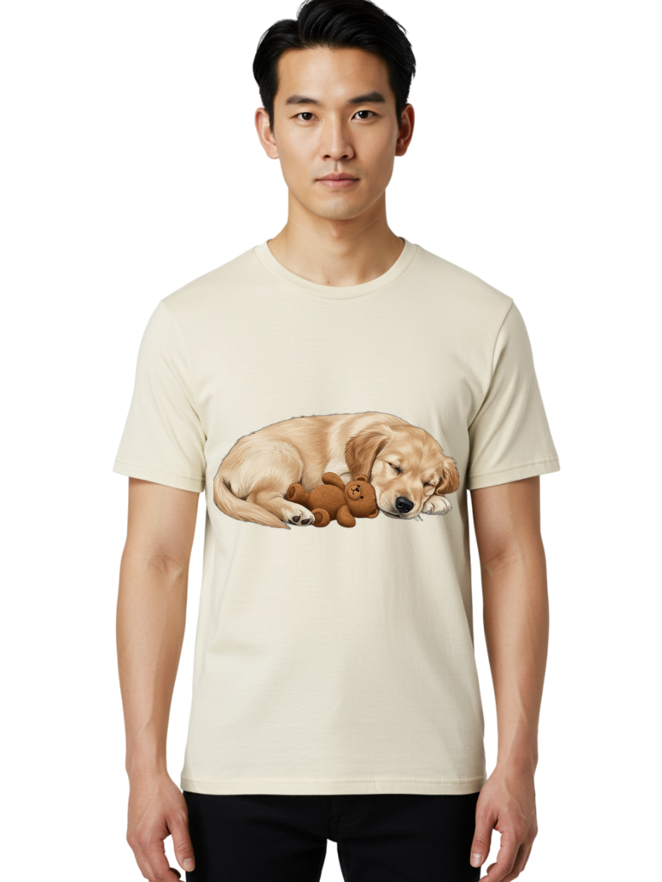 Sleeping-Golden-Retriever-1 Men'S Graphic Tee, 100% Cotton, Comfortable Casual Summer Wear, Machine Washable, Sleeping Golden Retriever, Cuddly Dog, Teddy Bear, Adorable Animal, Peaceful Slumber, Cute Companions, Loving Friendship, Bac412