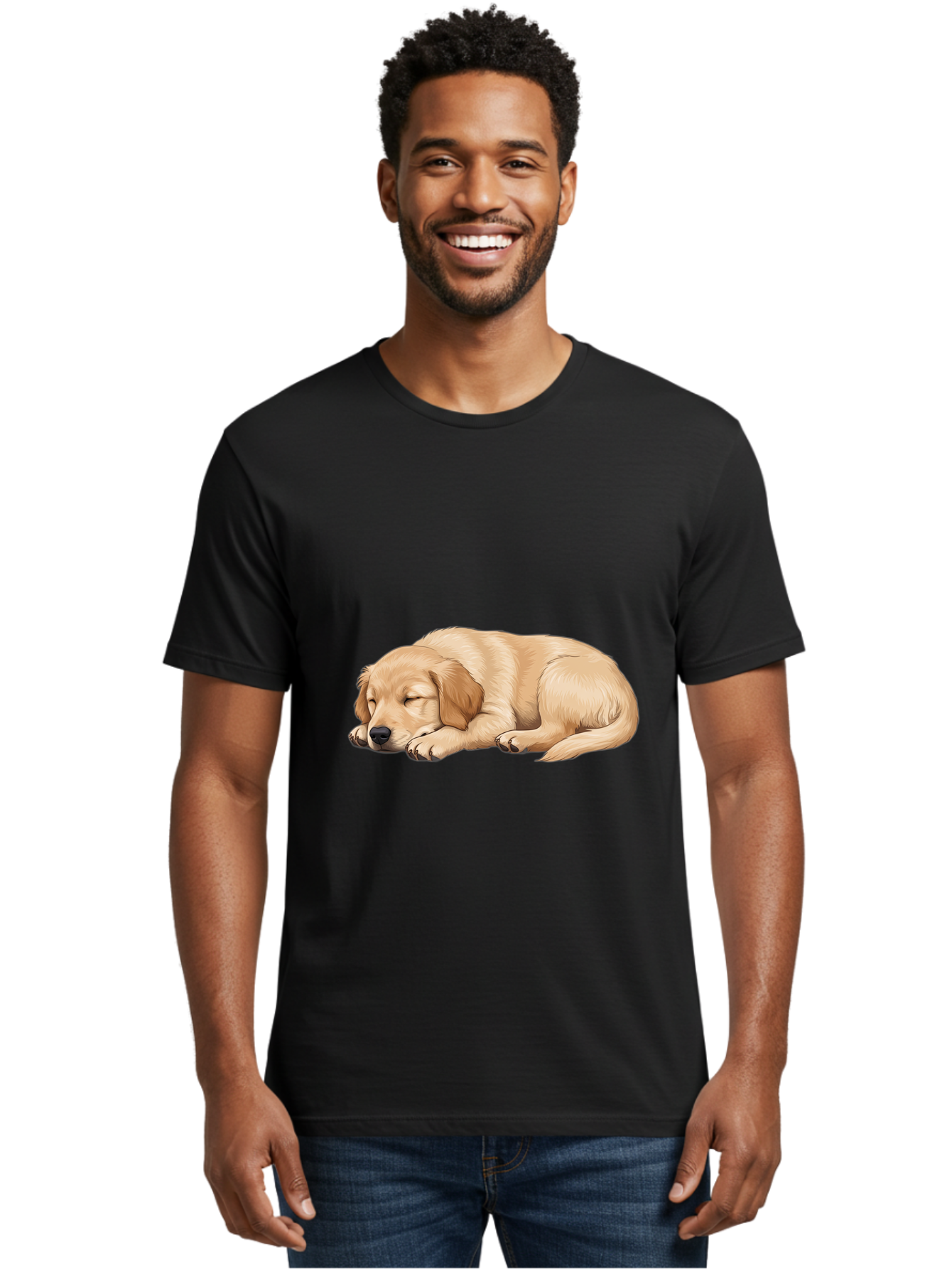 Sleeping-Golden-Retriever-2 Men'S Graphic Tee, 100% Cotton, Comfortable Casual Summer Wear, Machine Washable, Golden Retriever Puppy, Sleeping Dog, Adorable Pet, Cartoon Illustration, Cute Animal, Peaceful Sleep, Relaxed Puppy, Furry Friend, Bac413