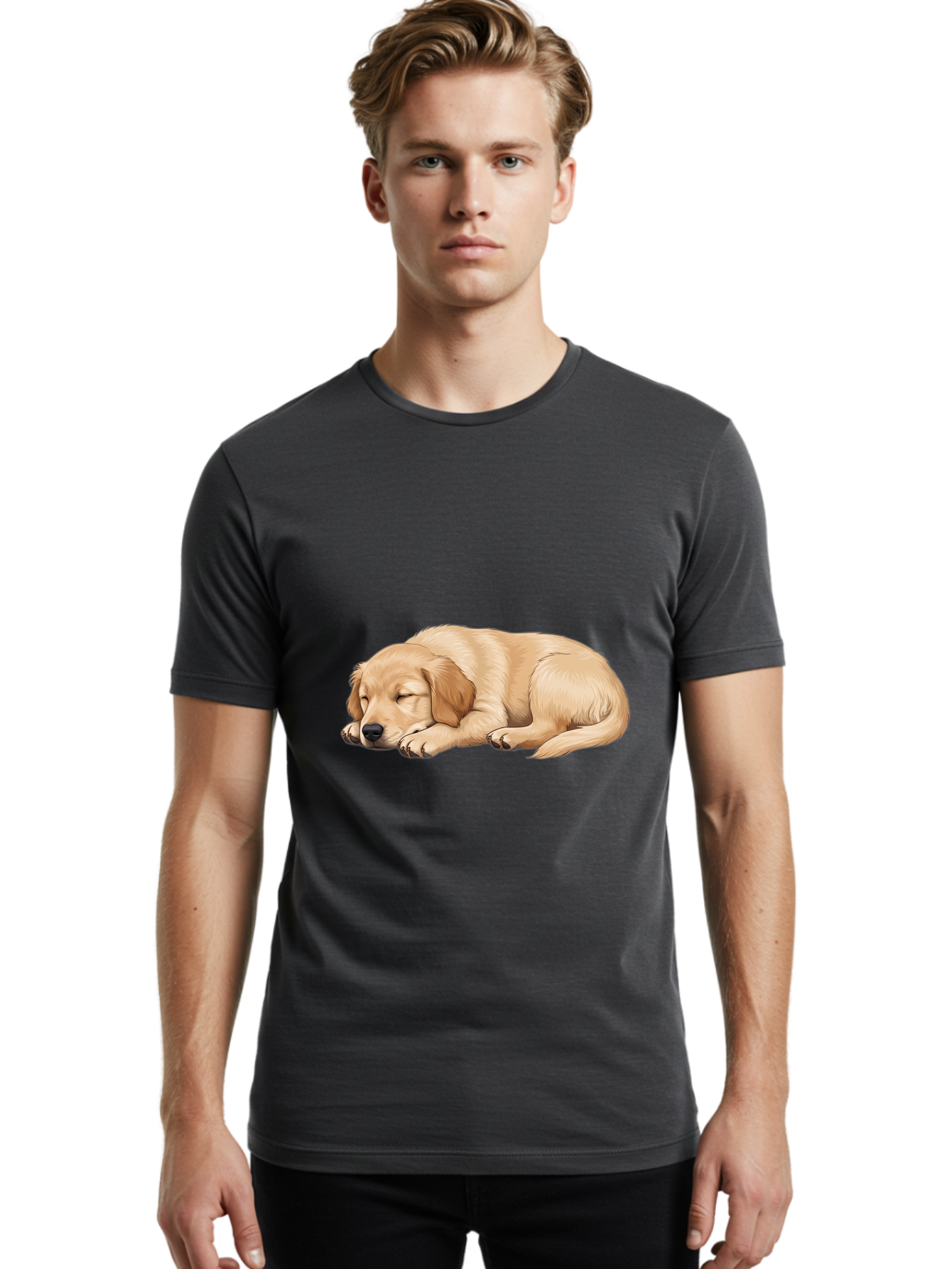 Sleeping-Golden-Retriever-2 Men'S Graphic Tee, 100% Cotton, Comfortable Casual Summer Wear, Machine Washable, Golden Retriever Puppy, Sleeping Dog, Adorable Pet, Cartoon Illustration, Cute Animal, Peaceful Sleep, Relaxed Puppy, Furry Friend, Bac413