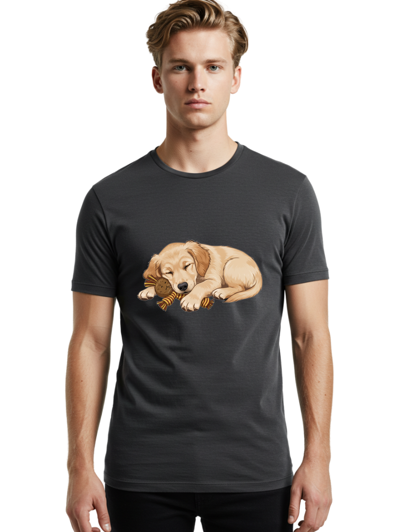 Sleeping-Golden-Retriever-Puppy Men'S Graphic Tee, 100% Cotton, Comfortable Casual Summer Wear, Machine Washable, Puppy Sleeping, Cute Dog, Adorable Puppy, Sleeping Dog, Dog Toy, Favorite Toy, Cartoon Dog, Golden Retriever Puppy, Furry Friend, Bac415