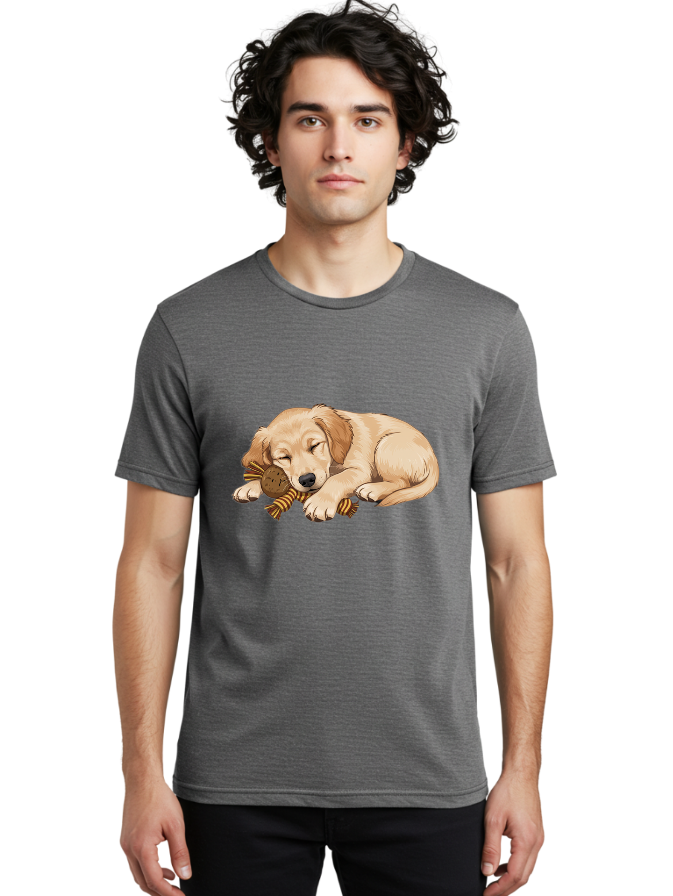 Sleeping-Golden-Retriever-Puppy Men'S Graphic Tee, 100% Cotton, Comfortable Casual Summer Wear, Machine Washable, Puppy Sleeping, Cute Dog, Adorable Puppy, Sleeping Dog, Dog Toy, Favorite Toy, Cartoon Dog, Golden Retriever Puppy, Furry Friend, Bac415