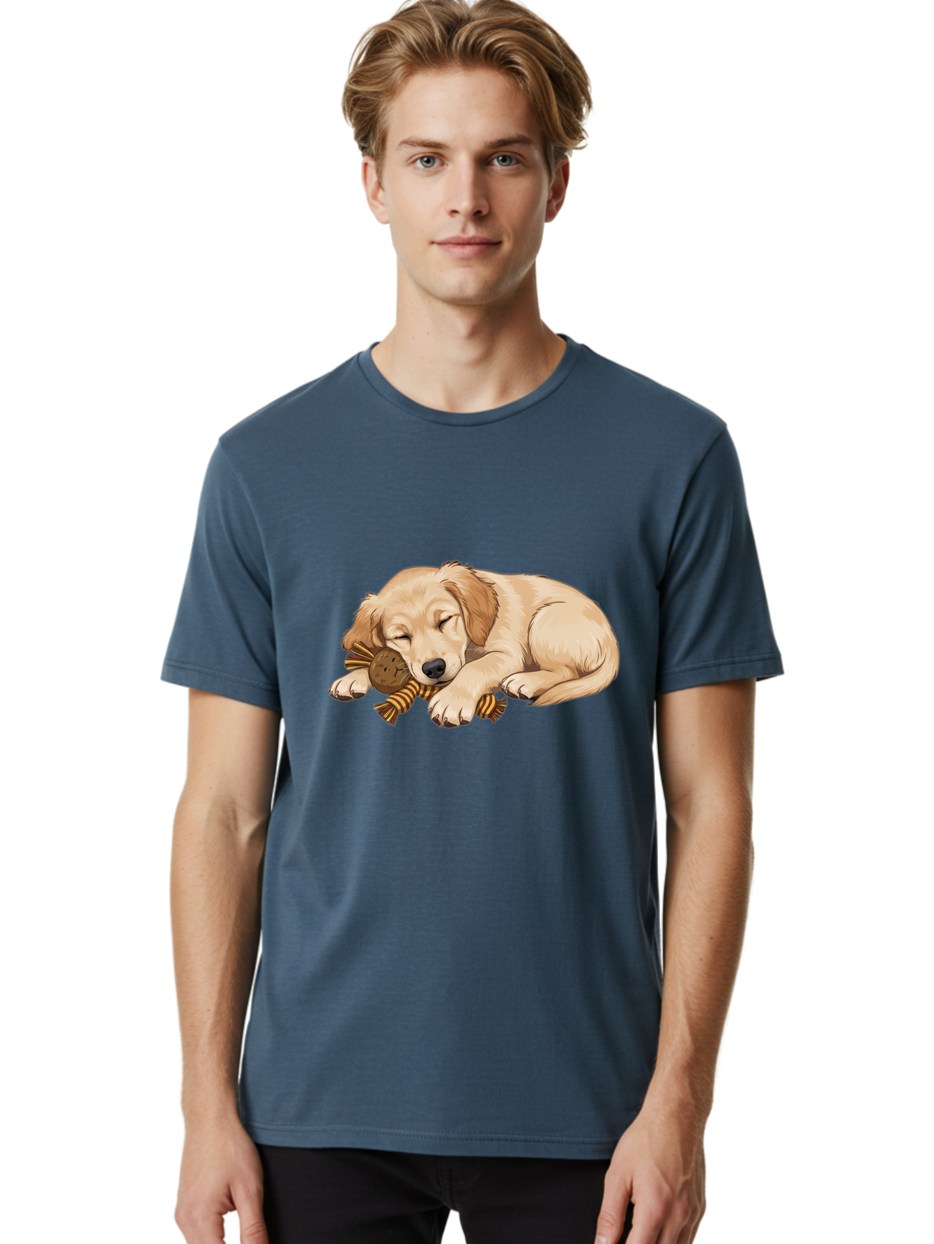 Sleeping-Golden-Retriever-Puppy Men'S Graphic Tee, 100% Cotton, Comfortable Casual Summer Wear, Machine Washable, Puppy Sleeping, Cute Dog, Adorable Puppy, Sleeping Dog, Dog Toy, Favorite Toy, Cartoon Dog, Golden Retriever Puppy, Furry Friend, Bac415