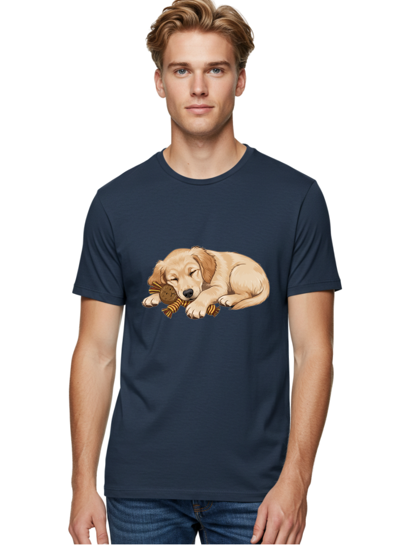 Sleeping-Golden-Retriever-Puppy Men'S Graphic Tee, 100% Cotton, Comfortable Casual Summer Wear, Machine Washable, Puppy Sleeping, Cute Dog, Adorable Puppy, Sleeping Dog, Dog Toy, Favorite Toy, Cartoon Dog, Golden Retriever Puppy, Furry Friend, Bac415