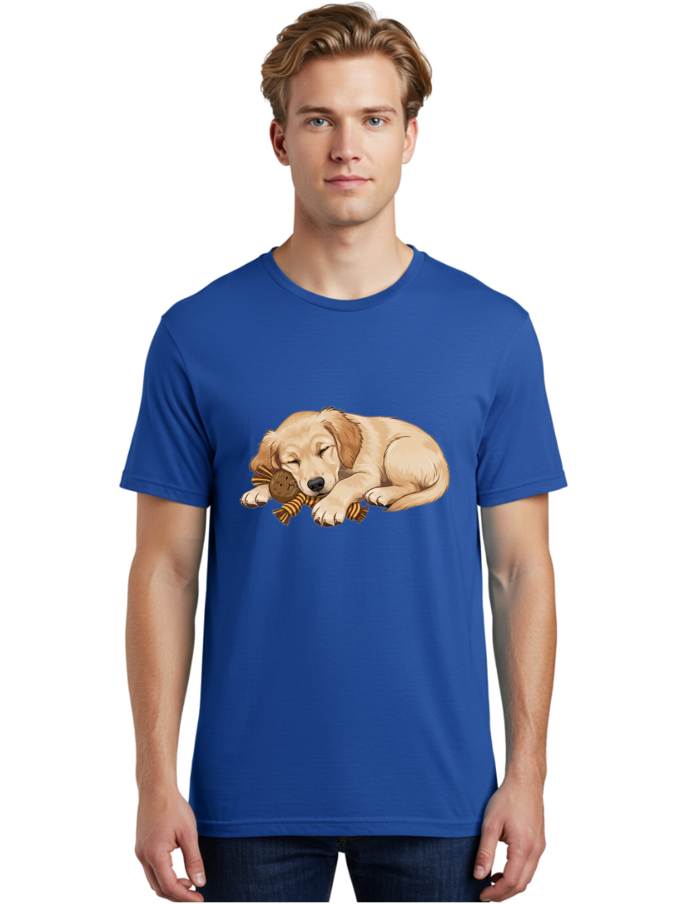 Sleeping-Golden-Retriever-Puppy Men'S Graphic Tee, 100% Cotton, Comfortable Casual Summer Wear, Machine Washable, Puppy Sleeping, Cute Dog, Adorable Puppy, Sleeping Dog, Dog Toy, Favorite Toy, Cartoon Dog, Golden Retriever Puppy, Furry Friend, Bac415