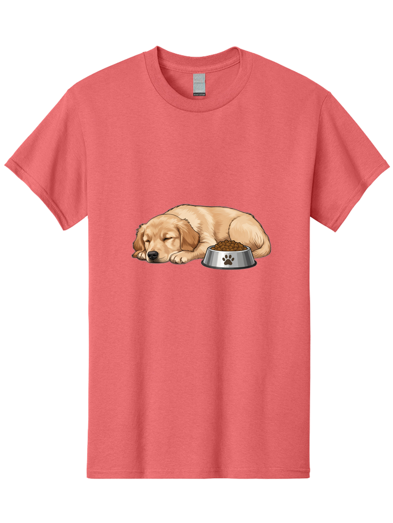 Sleeping-Golden-Retriever Men'S Graphic Tee, 100% Cotton, Comfortable Casual Summer Wear, Machine Washable, Sleeping Golden Retriever, Dog Bowl With Kibble, Paw Print On Bowl, Cute Animal Illustration, Pet Care, Dog'S Meal Time, Bac416