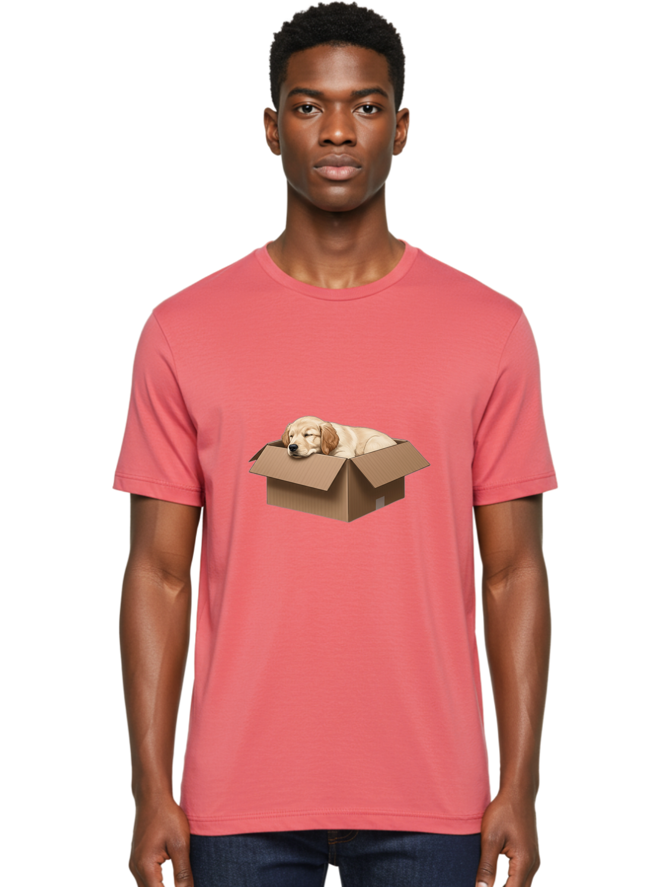 Sleeping-Puppy-1 Men'S Graphic Tee, 100% Cotton, Comfortable Casual Summer Wear, Machine Washable, Sleeping Puppy, Cardboard Box, Adorable Dog, Cute Animal, Resting Pet, Dog In Box, Peaceful Scene, Puppy Love, Cozy Atmosphere, Sweet Dreams Bac417