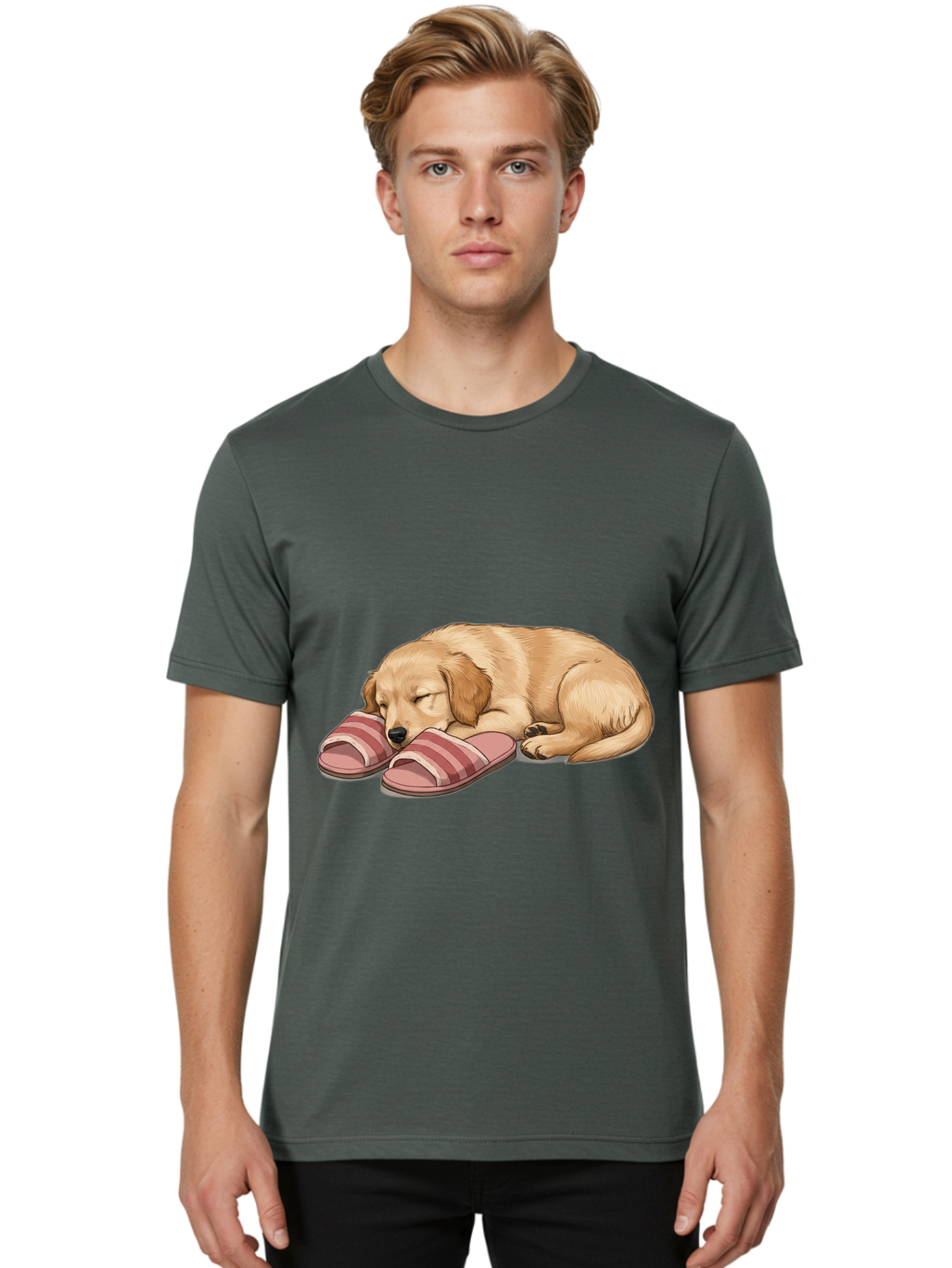 Sleeping-Puppy-2 Men'S Graphic Tee, 100% Cotton, Comfortable Casual Summer Wear, Machine Washable, Adorable Golden Retriever, Sleeping Dog, Puppy Love, Cute Cartoon, Animal Sleep, Dog Relaxation, Flip Flops, Striped Sandals, Peaceful Pup, Bac418