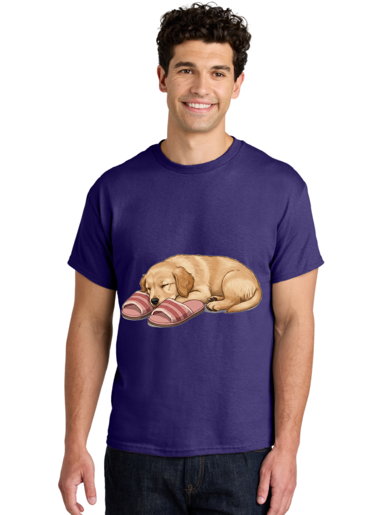 Sleeping-Puppy-2 Men'S Graphic Tee, 100% Cotton, Comfortable Casual Summer Wear, Machine Washable, Adorable Golden Retriever, Sleeping Dog, Puppy Love, Cute Cartoon, Animal Sleep, Dog Relaxation, Flip Flops, Striped Sandals, Peaceful Pup, Bac418