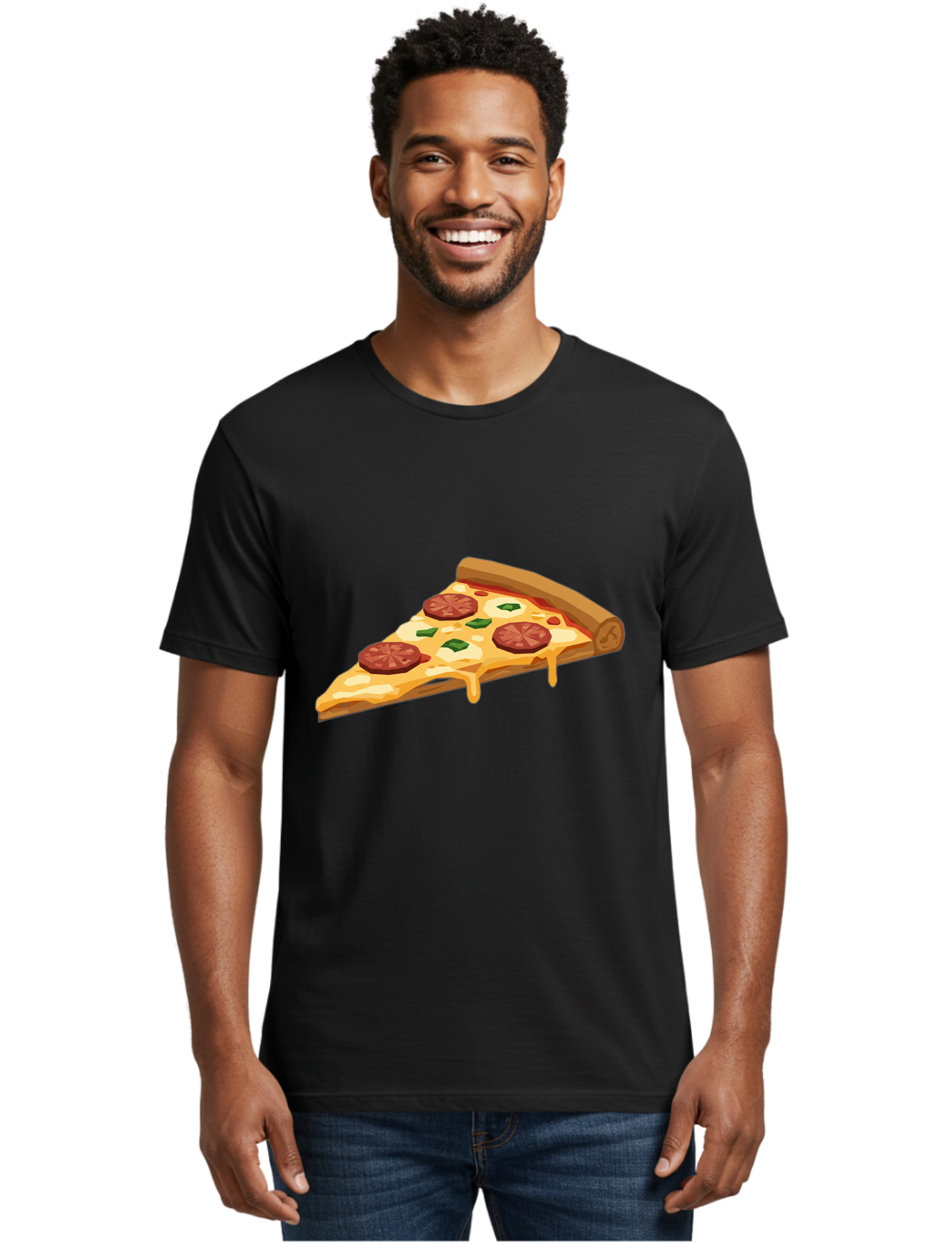 Slice-Of-Pepperoni-Pizza Men'S Graphic Tee, 100% Cotton, Comfortable Casual Summer Wear, Machine Washable, Pepperoni Pizza, Pizza Slice, Melted Cheese, Green Peppers, Red Pepperoni, Crispy Crust, Cheesy Goodness, Savory Delight Bac420