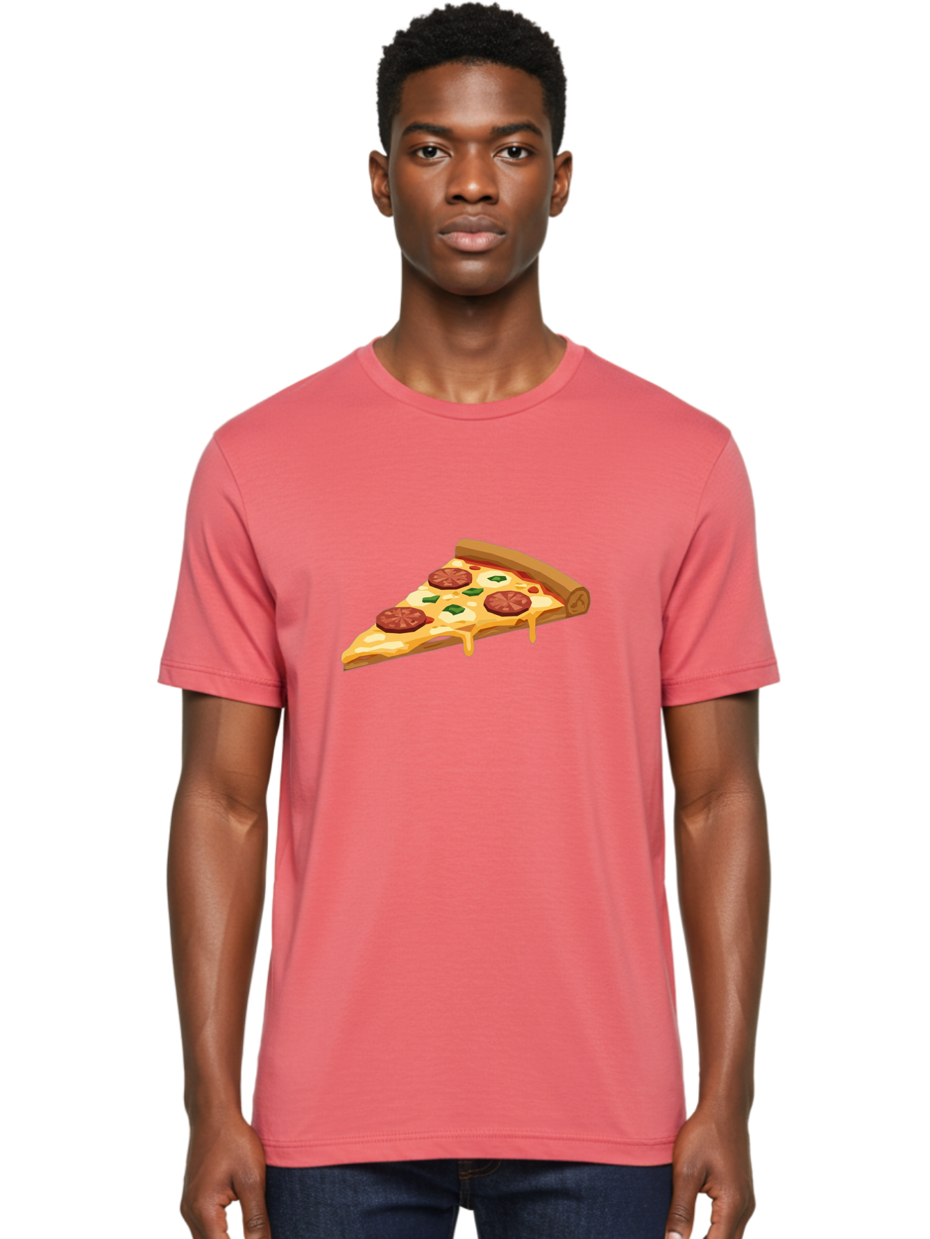 Slice-Of-Pepperoni-Pizza Men'S Graphic Tee, 100% Cotton, Comfortable Casual Summer Wear, Machine Washable, Pepperoni Pizza, Pizza Slice, Melted Cheese, Green Peppers, Red Pepperoni, Crispy Crust, Cheesy Goodness, Savory Delight Bac420