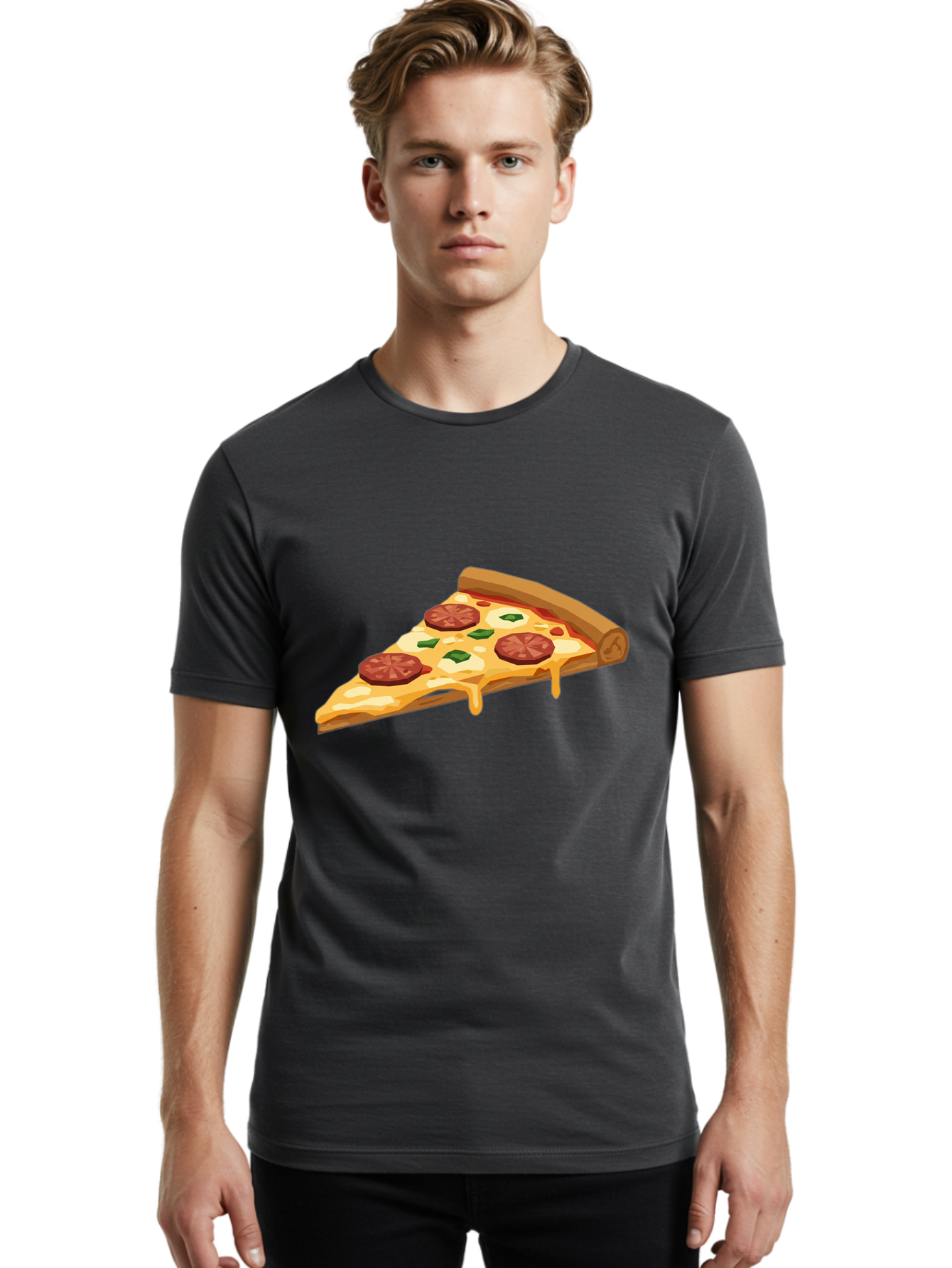 Slice-Of-Pepperoni-Pizza Men'S Graphic Tee, 100% Cotton, Comfortable Casual Summer Wear, Machine Washable, Pepperoni Pizza, Pizza Slice, Melted Cheese, Green Peppers, Red Pepperoni, Crispy Crust, Cheesy Goodness, Savory Delight Bac420