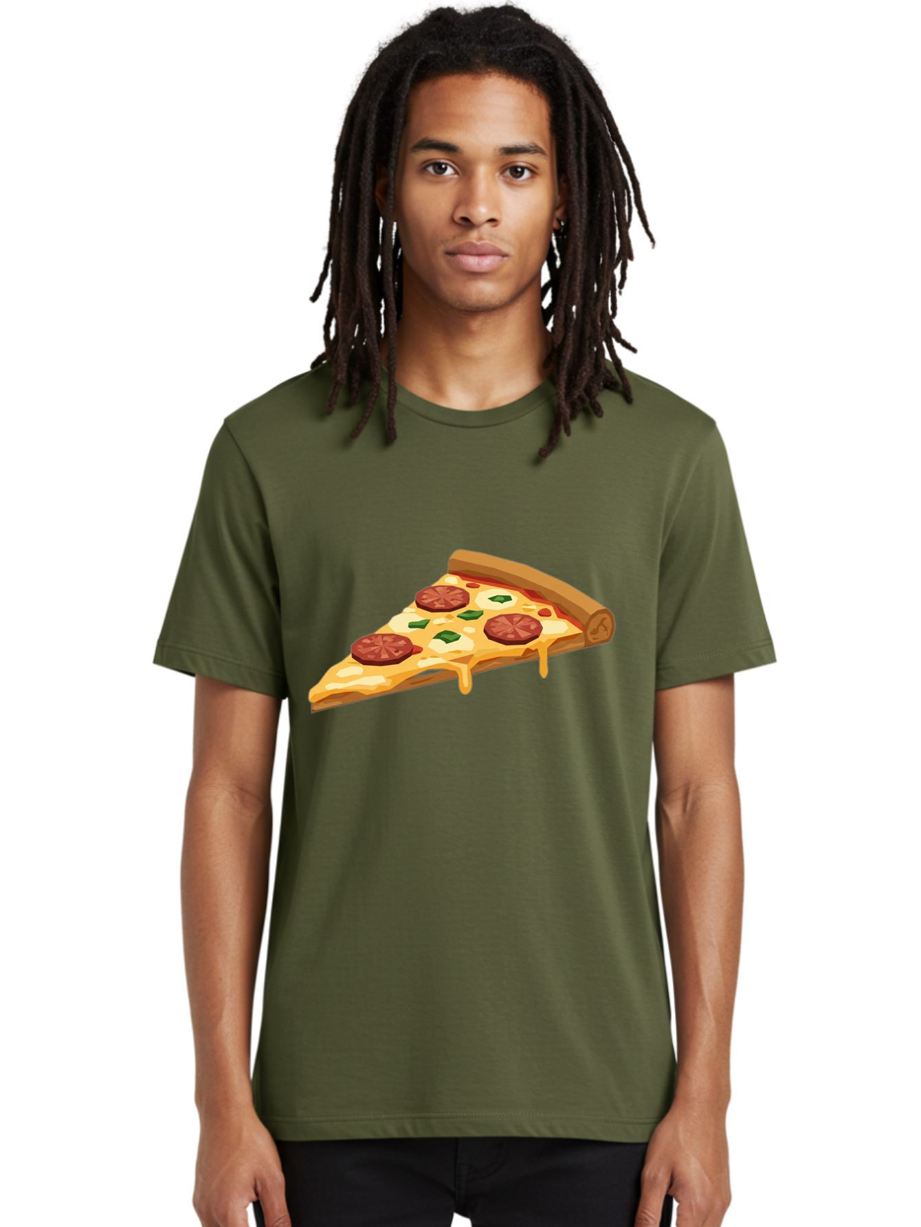 Slice-Of-Pepperoni-Pizza Men'S Graphic Tee, 100% Cotton, Comfortable Casual Summer Wear, Machine Washable, Pepperoni Pizza, Pizza Slice, Melted Cheese, Green Peppers, Red Pepperoni, Crispy Crust, Cheesy Goodness, Savory Delight Bac420