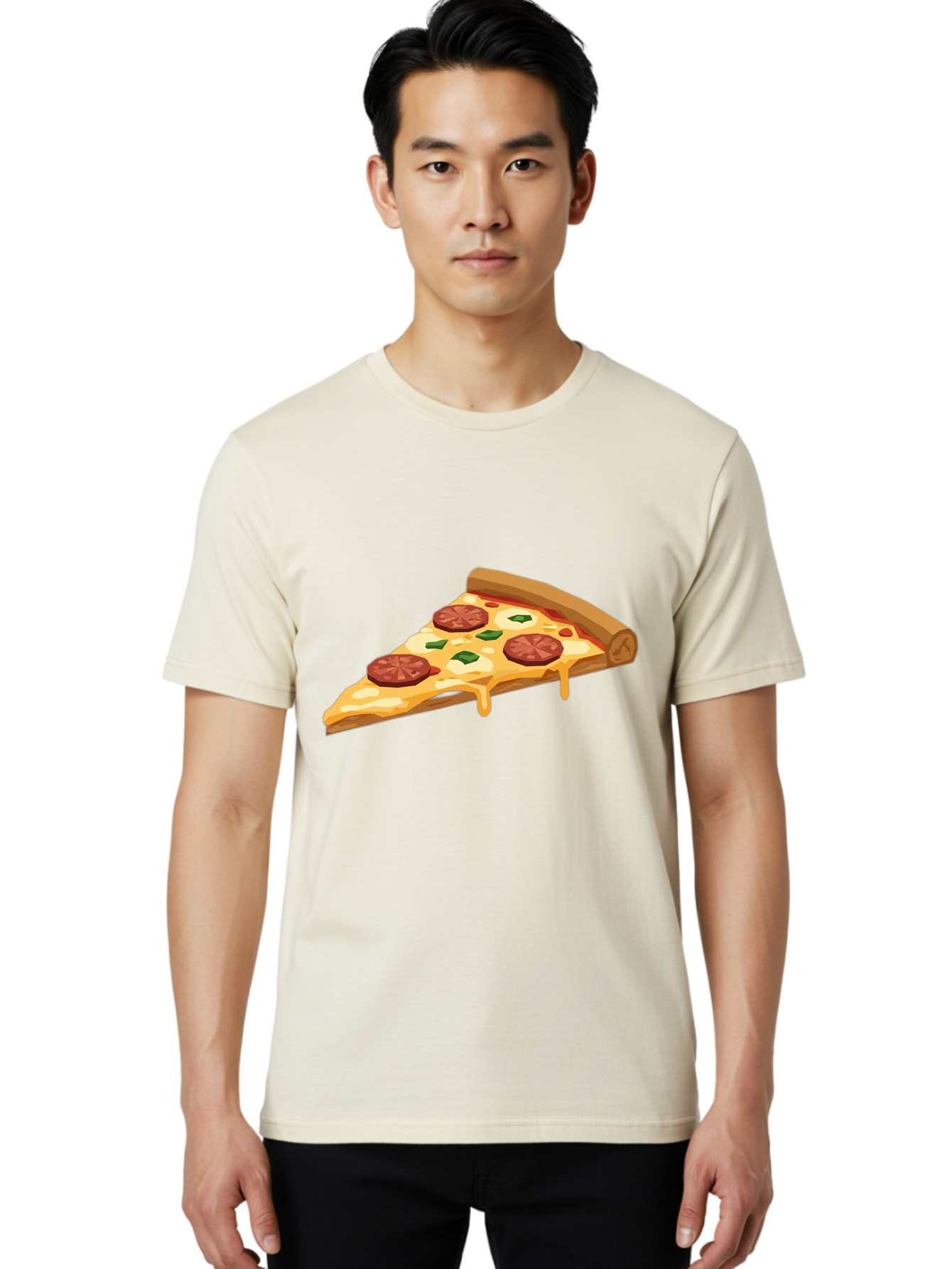 Slice-Of-Pepperoni-Pizza Men'S Graphic Tee, 100% Cotton, Comfortable Casual Summer Wear, Machine Washable, Pepperoni Pizza, Pizza Slice, Melted Cheese, Green Peppers, Red Pepperoni, Crispy Crust, Cheesy Goodness, Savory Delight Bac420