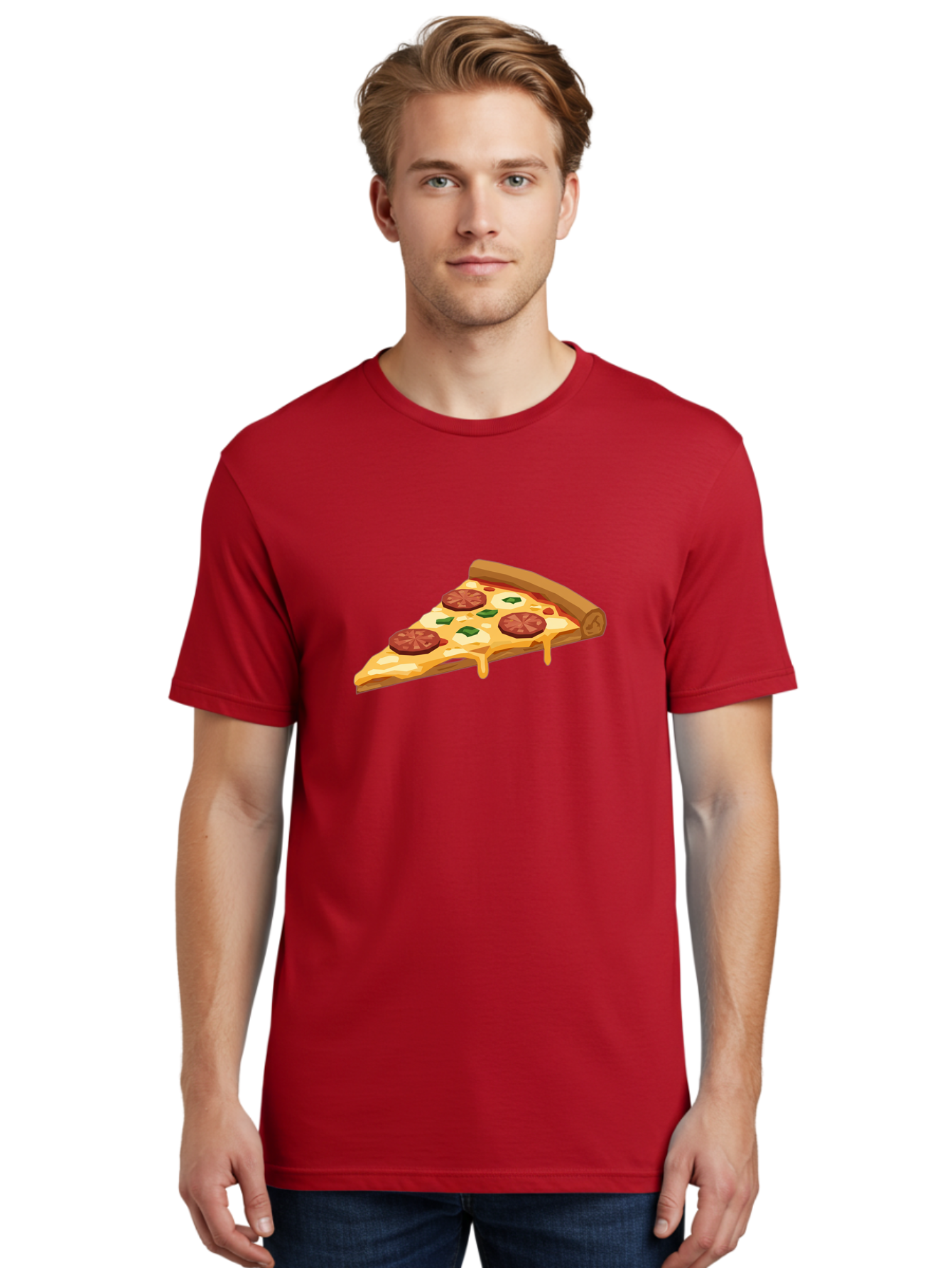 Slice-Of-Pepperoni-Pizza Men'S Graphic Tee, 100% Cotton, Comfortable Casual Summer Wear, Machine Washable, Pepperoni Pizza, Pizza Slice, Melted Cheese, Green Peppers, Red Pepperoni, Crispy Crust, Cheesy Goodness, Savory Delight Bac420