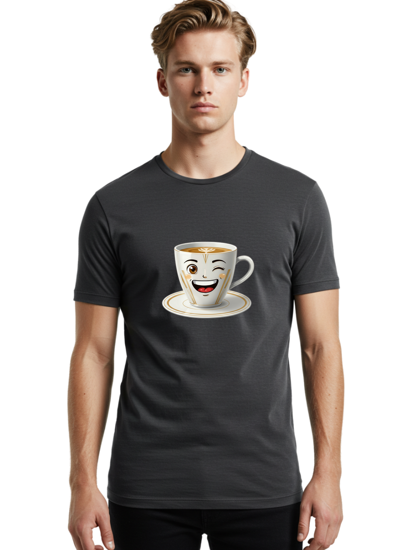 Smiling-Coffee-Cup Men'S Graphic Tee, 100% Cotton, Comfortable Casual Summer Wear, Machine Washable, Happy Coffee Cup, Smiling Face, Brown Coffee, Gold Accents, White Porcelain, Cute Design, Morning Coffee, Cheerful Emoji, Friendly Icon Bac424