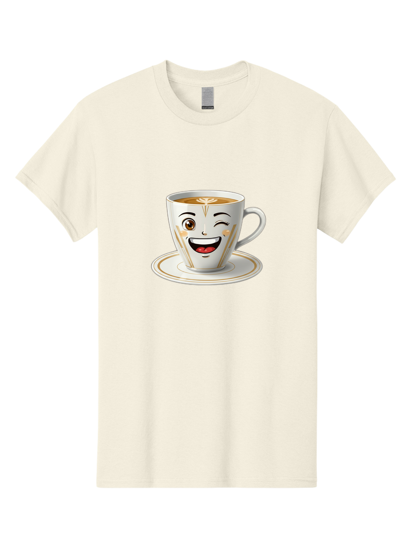 Smiling-Coffee-Cup Men'S Graphic Tee, 100% Cotton, Comfortable Casual Summer Wear, Machine Washable, Happy Coffee Cup, Smiling Face, Brown Coffee, Gold Accents, White Porcelain, Cute Design, Morning Coffee, Cheerful Emoji, Friendly Icon Bac424