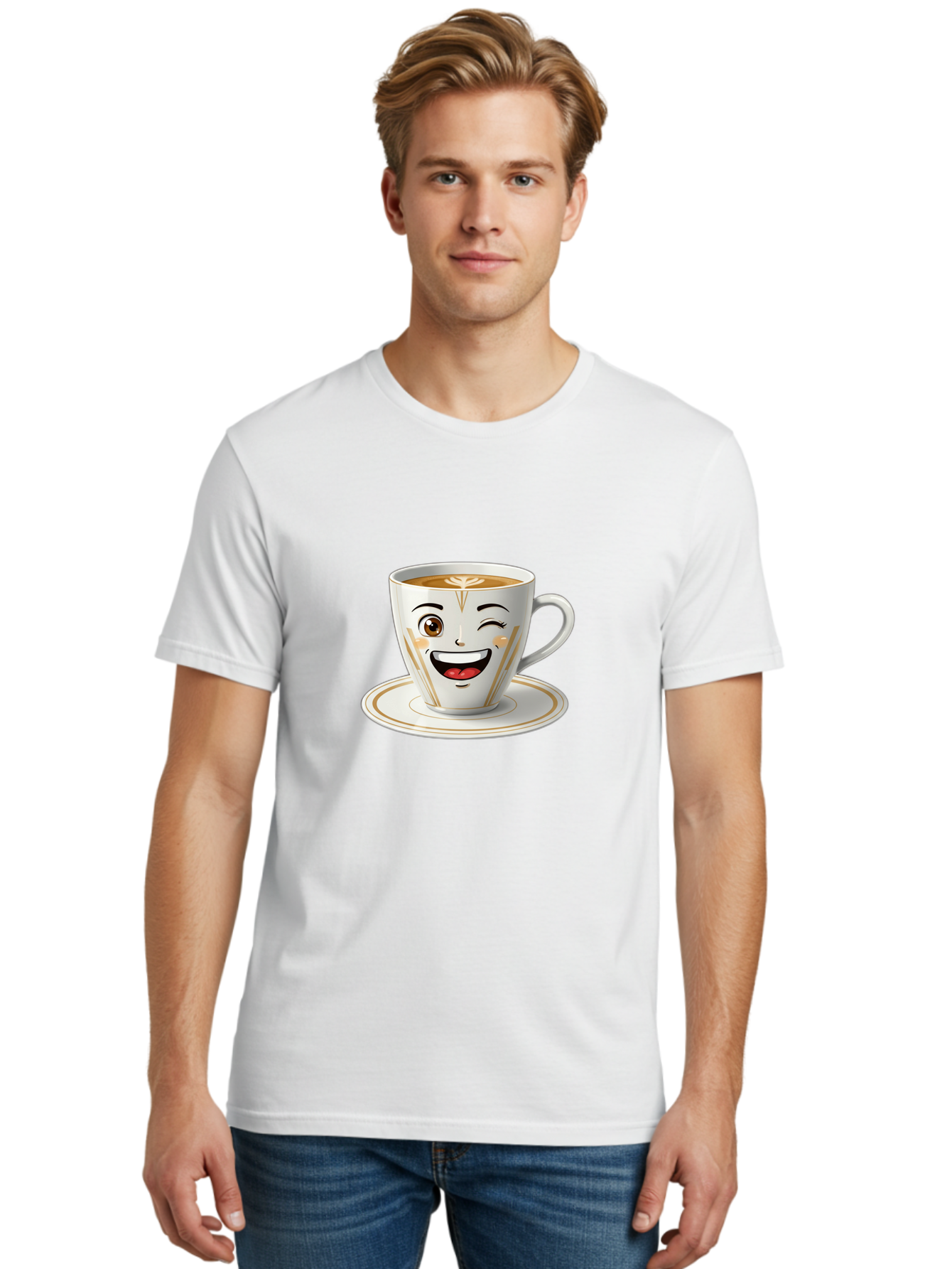 Smiling-Coffee-Cup Men'S Graphic Tee, 100% Cotton, Comfortable Casual Summer Wear, Machine Washable, Happy Coffee Cup, Smiling Face, Brown Coffee, Gold Accents, White Porcelain, Cute Design, Morning Coffee, Cheerful Emoji, Friendly Icon Bac424