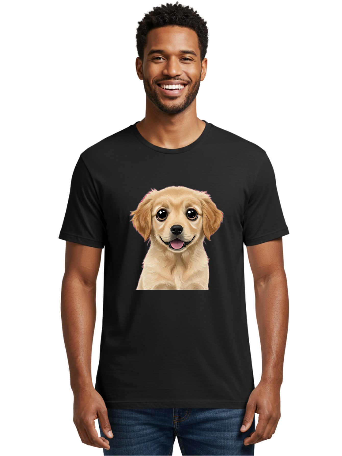 Smiling-Golden-Puppy Men'S Graphic Tee, 100% Cotton, Comfortable Casual Summer Wear, Machine Washable, Friendly Dog, Happy Puppy, Golden Retriever, Big Eyes, Playful Expression, Adorable Face, Cute Nose, Smiling Dog, Cartoon Puppy, Lovable Pet Bac428